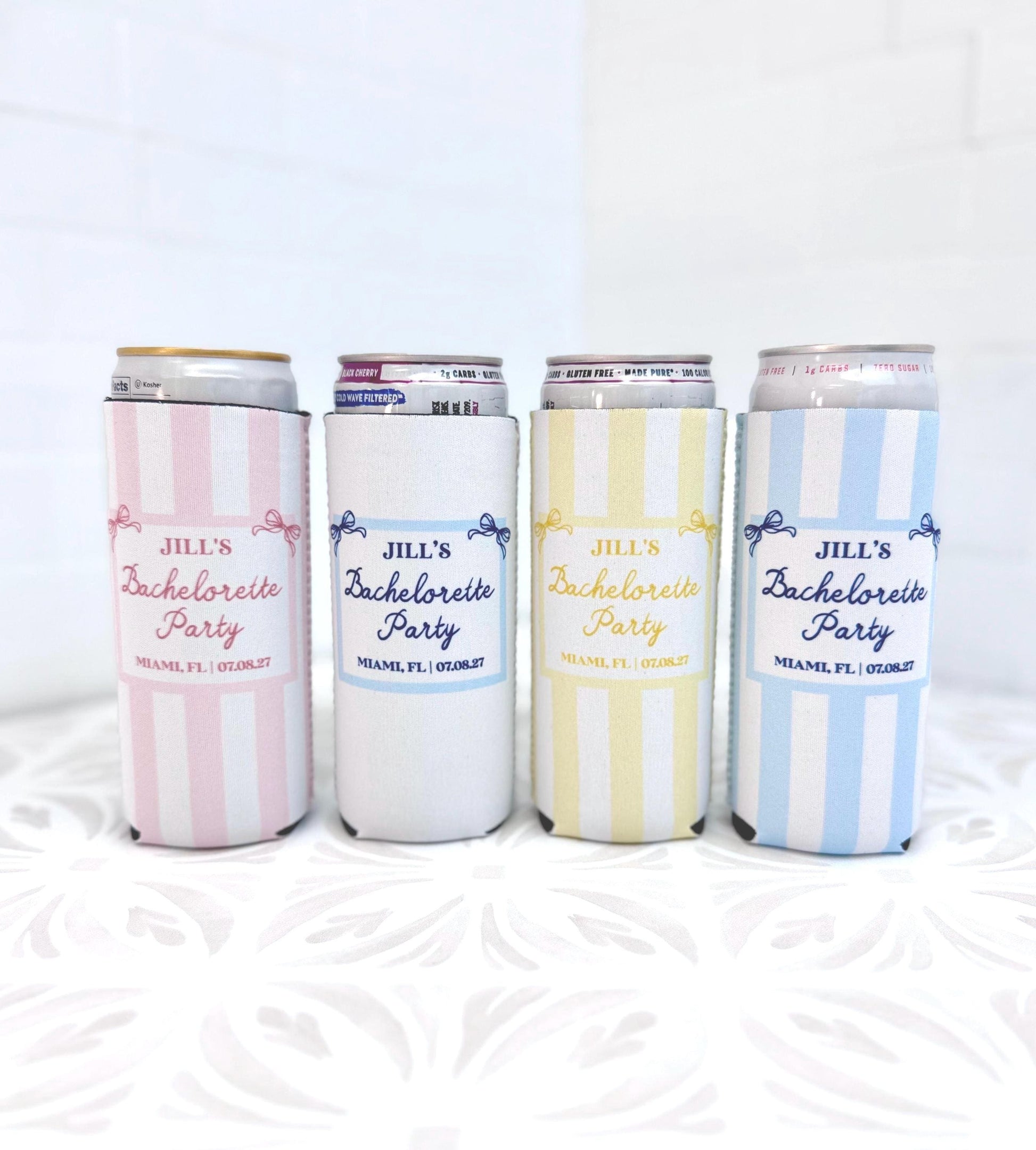 Personalized Beach Bachelorette Can Cooler – Coastal Bridal Party Favor – Custom Drink Holder - STRIPES