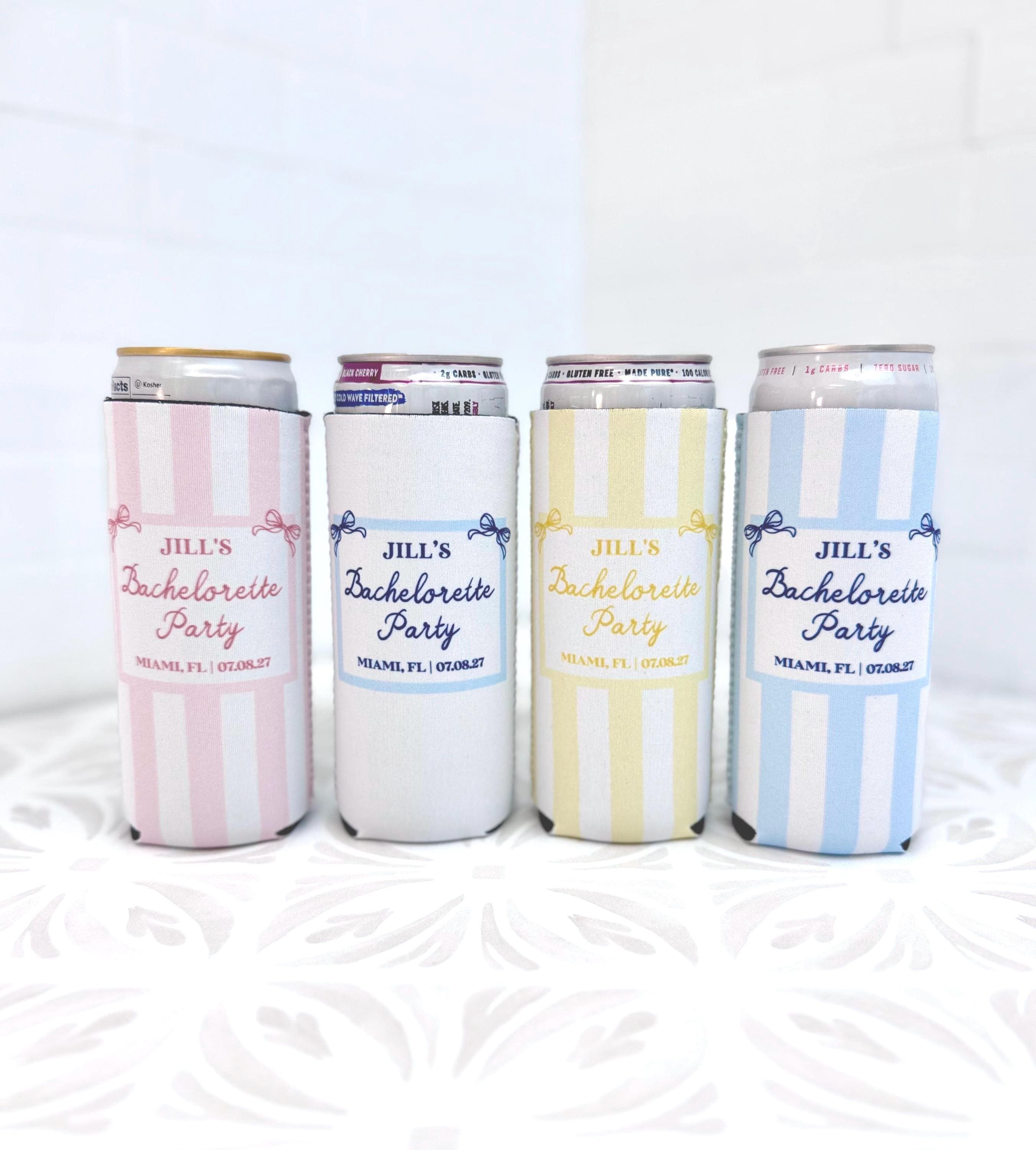 Personalized Beach Bachelorette Can Cooler – Coastal Bridal Party Favor – Custom Drink Holder - STRIPES