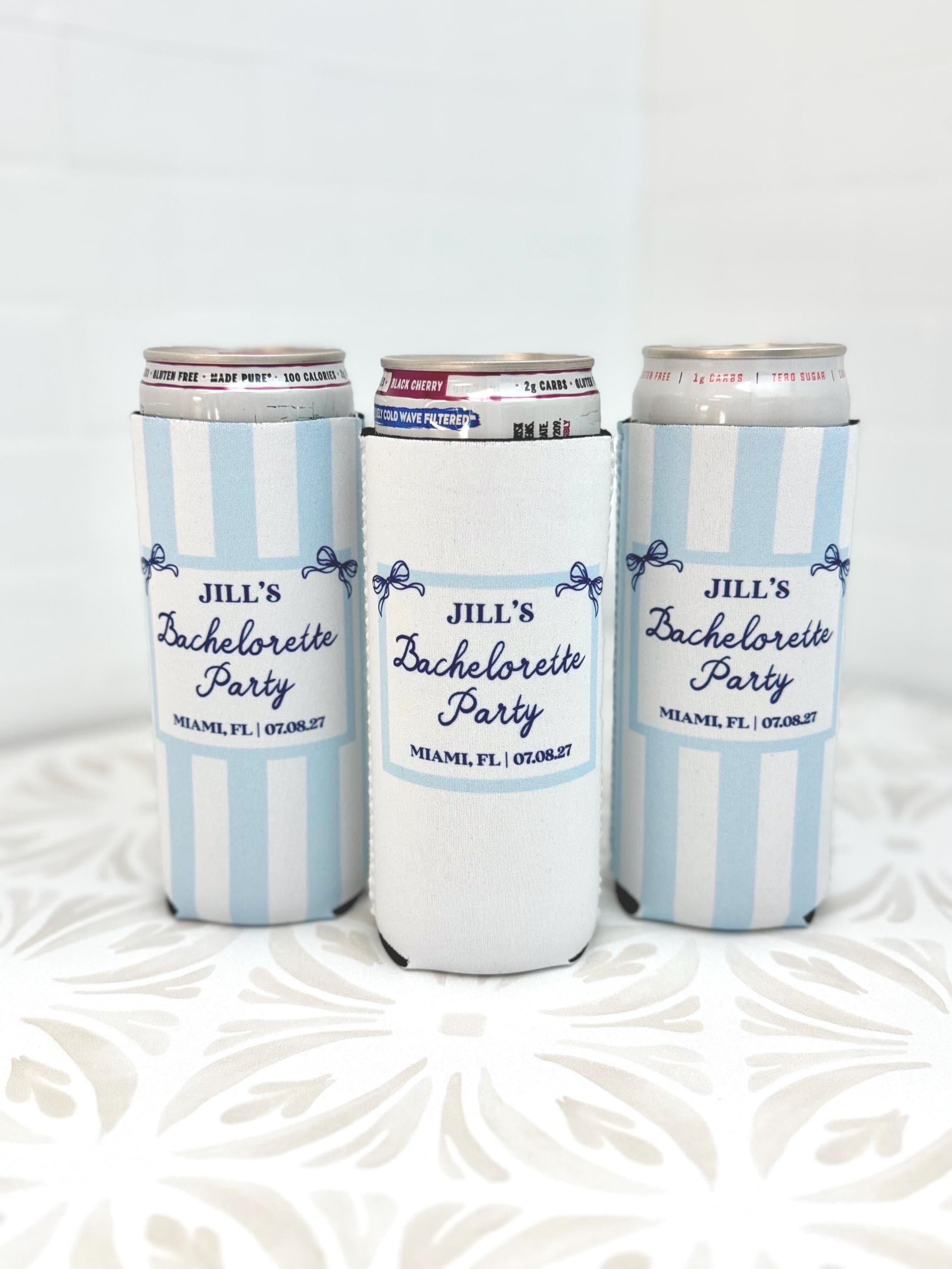 Personalized Beach Bachelorette Can Cooler – Coastal Bridal Party Favor – Custom Drink Holder - STRIPES