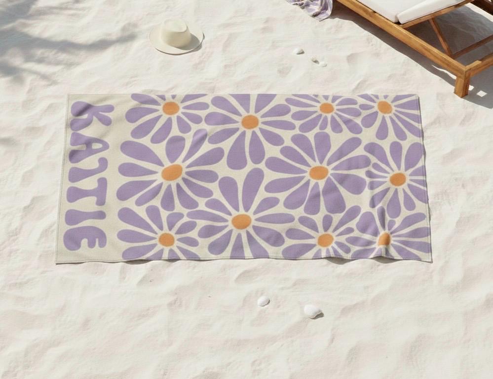 Personalized Daisy Beach Towel: 70s Boho Custom Name Gift