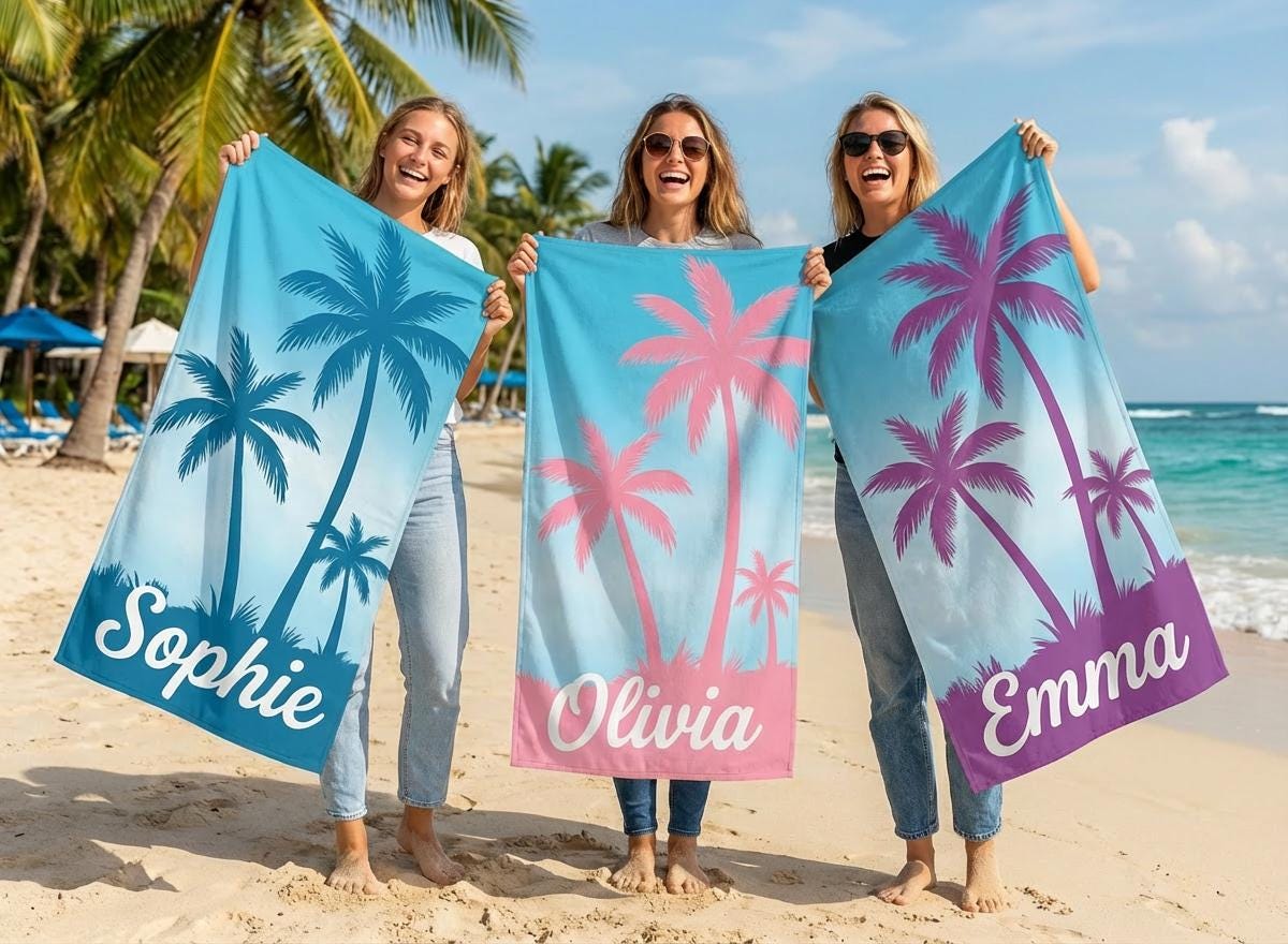 Personalized Palm Tree Beach Towel, Custom Tropical Vacation Gift, Name Beach Towel, Summer Pool Towels, Unique Gift for Her or Him