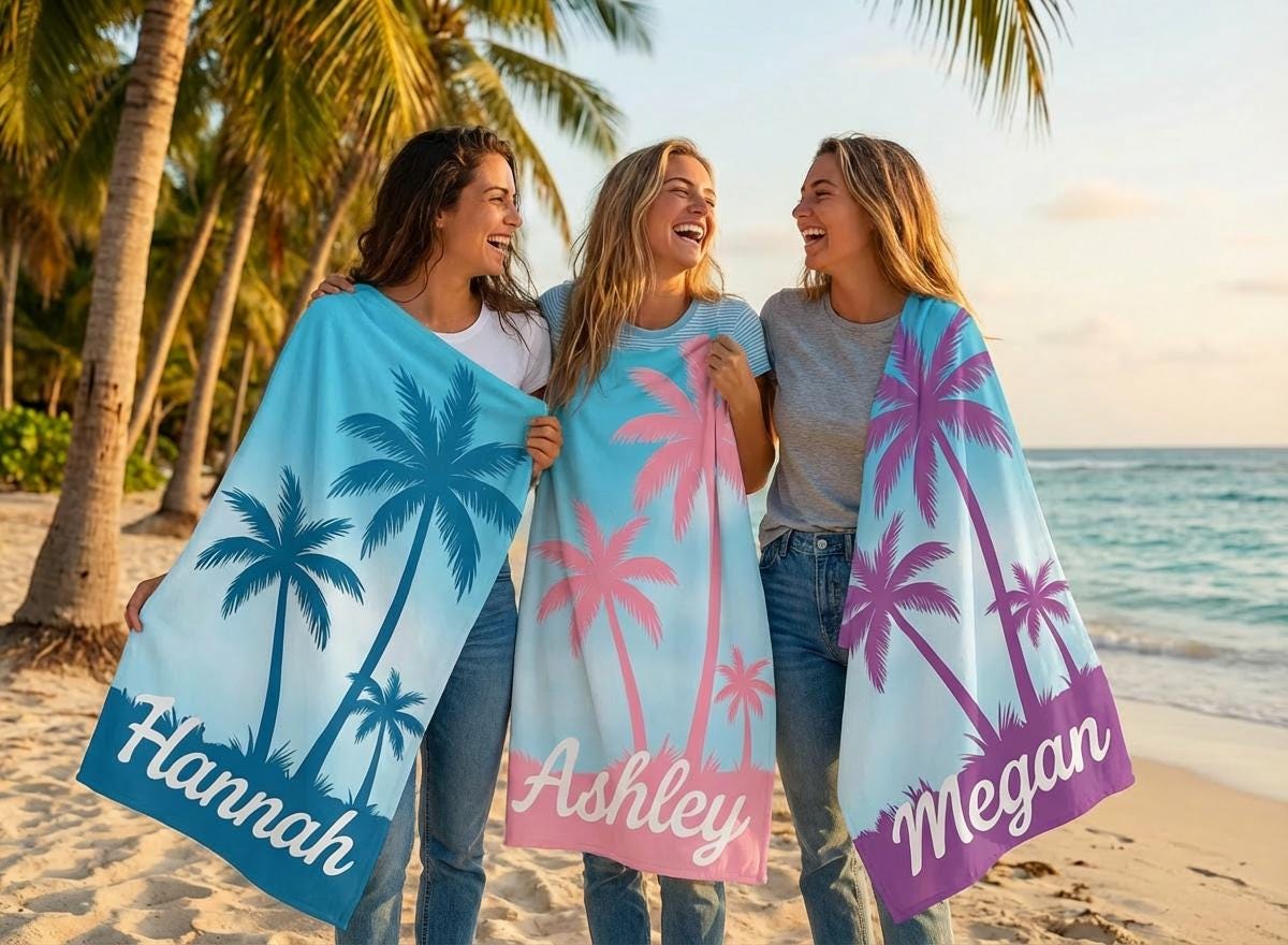 Personalized Palm Tree Beach Towel, Custom Tropical Vacation Gift, Name Beach Towel, Summer Pool Towels, Unique Gift for Her or Him