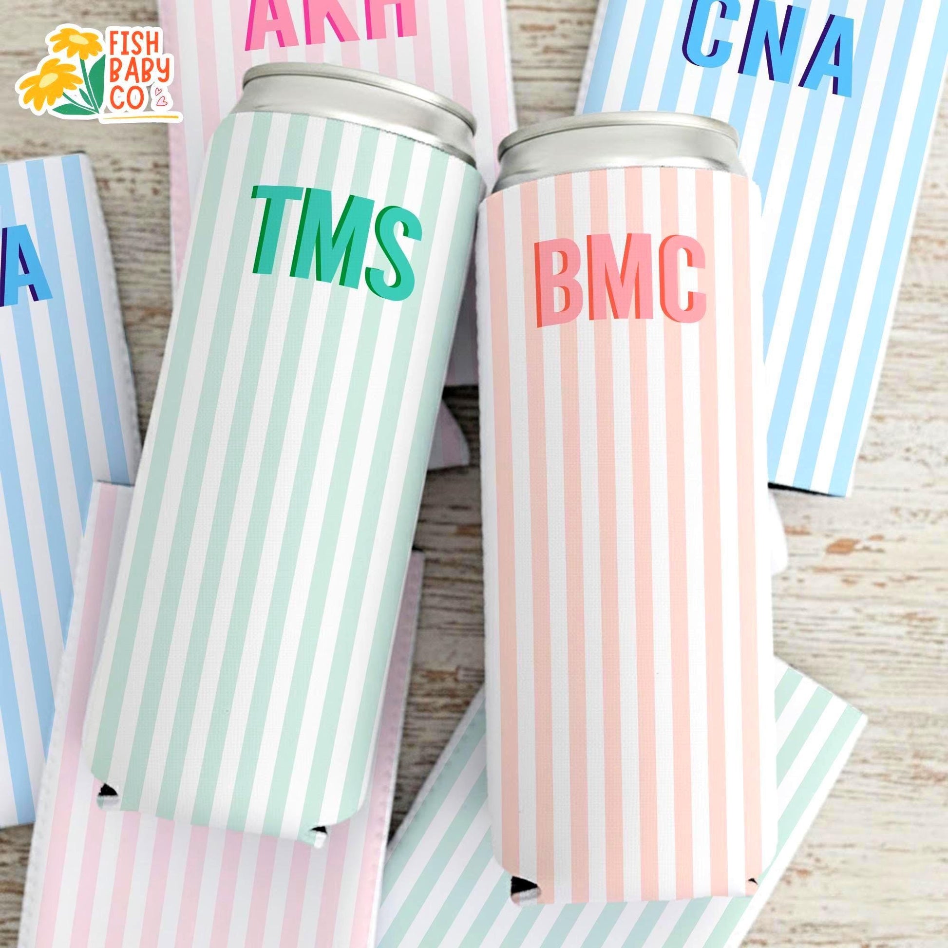 Monogram Bachelorette Slim Can Cooler, Personalized Name Coastal Bach Club Drink Sleeves, Beach Bachelorette Bridal Party Favors