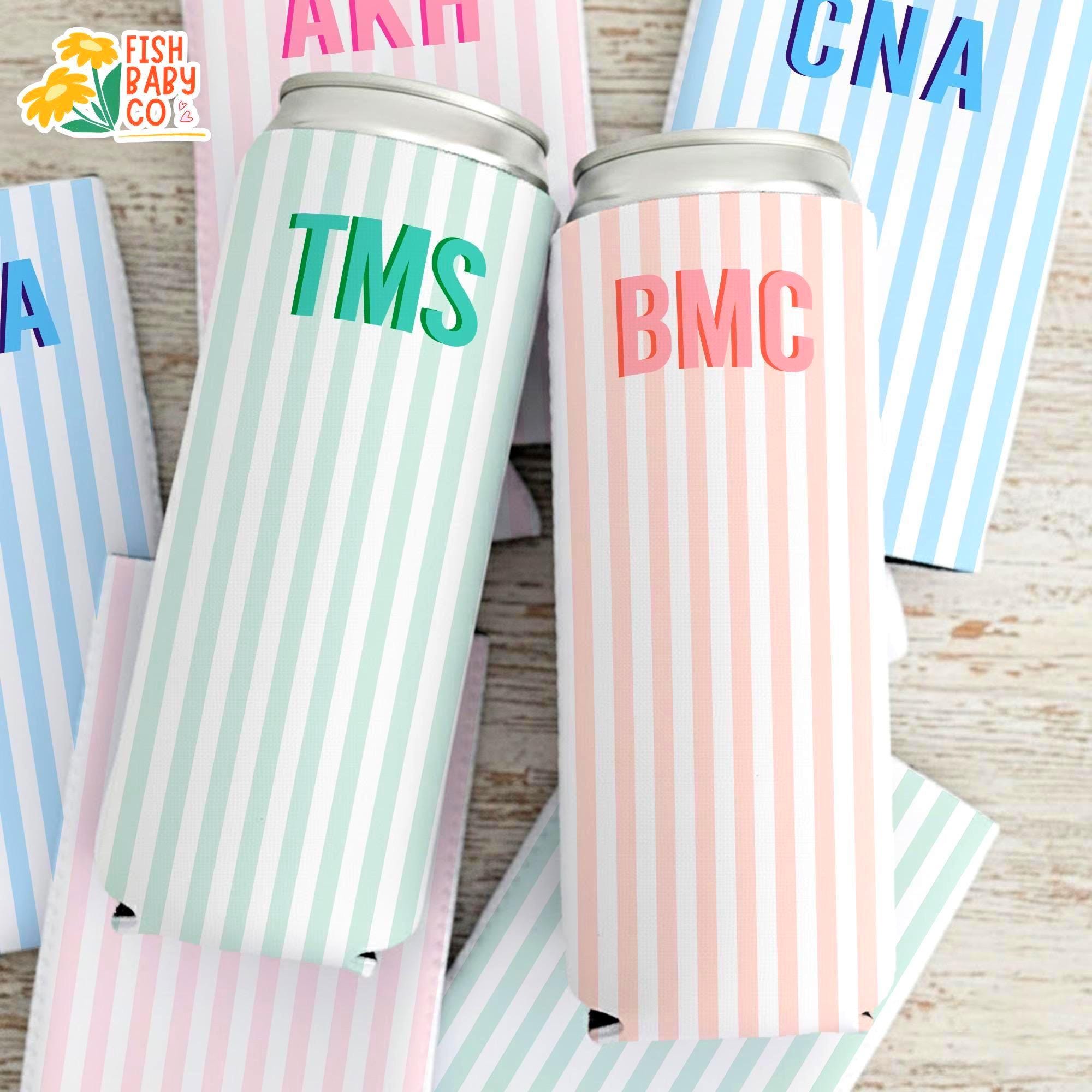 Monogram Bachelorette Slim Can Cooler, Personalized Name Coastal Bach Club Drink Sleeves, Beach Bachelorette Bridal Party Favors
