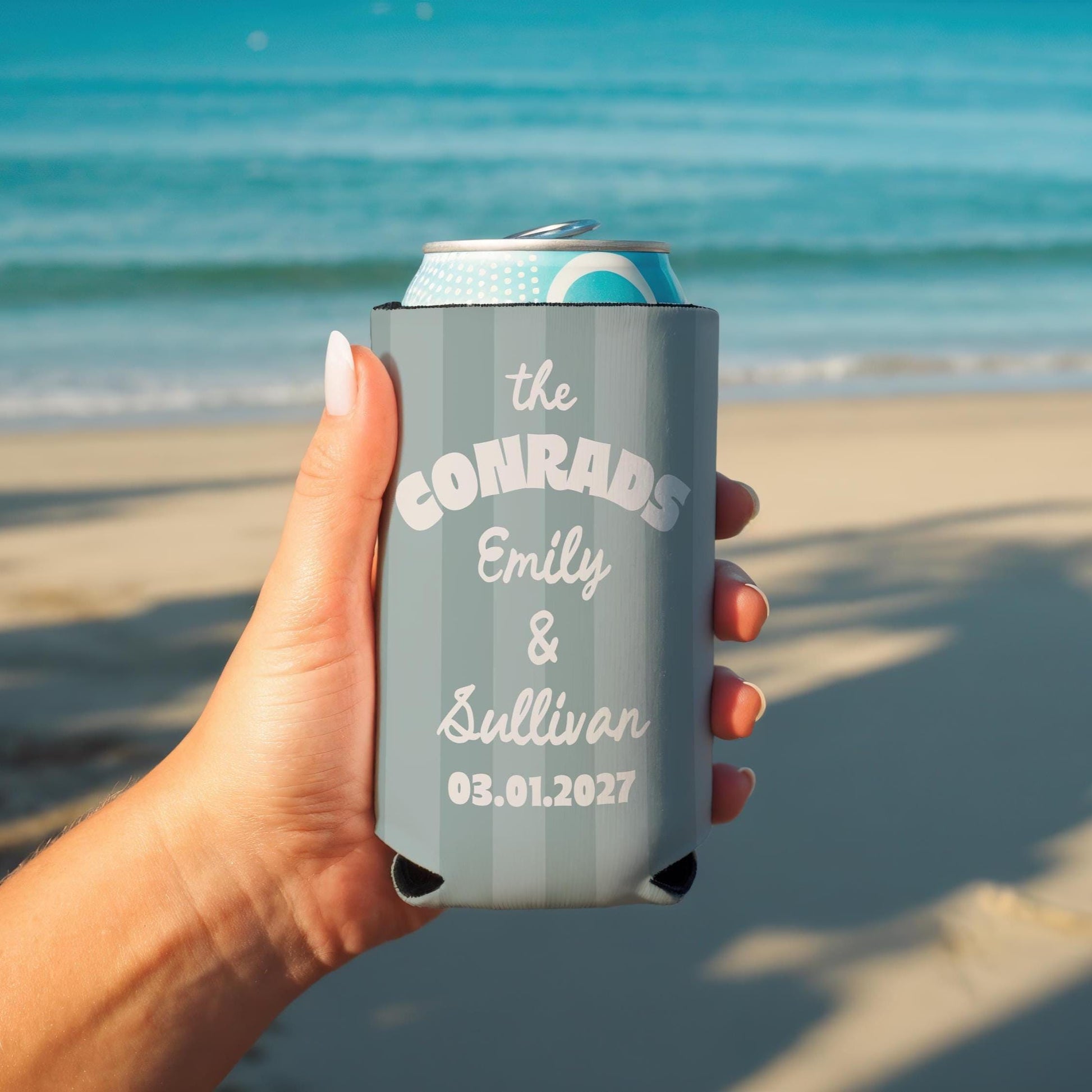 Personalized Wedding Can Cooler, Striped Design, Custom Wedding Favor