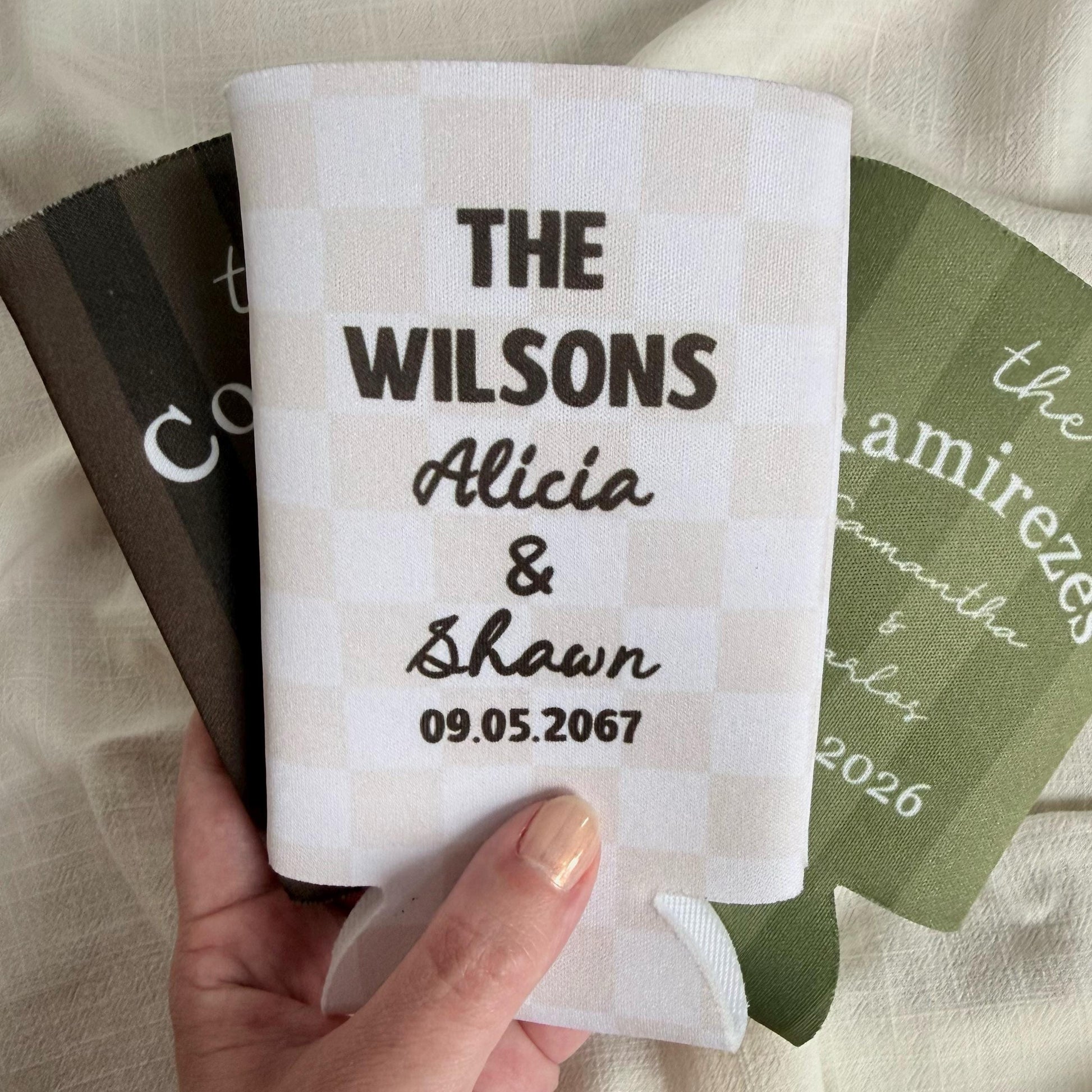 Personalized Wedding Can Cooler, Striped Design, Custom Wedding Favor