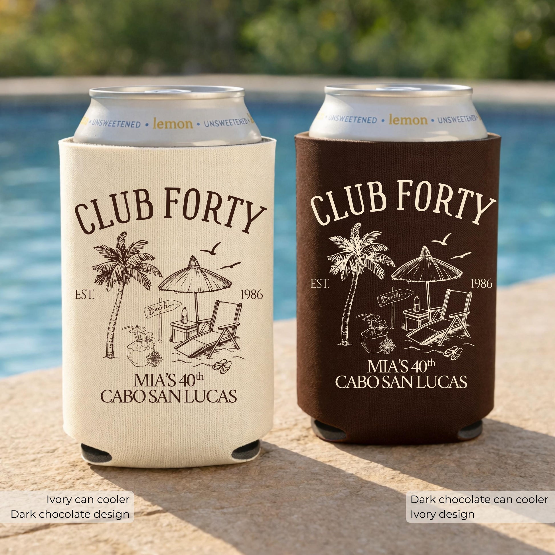 Club 40 50 30 Birthday Can Cooler, Custom Beach Bday Party Favors, Personalized Girls Trip Drink Holder, Cabo Bash