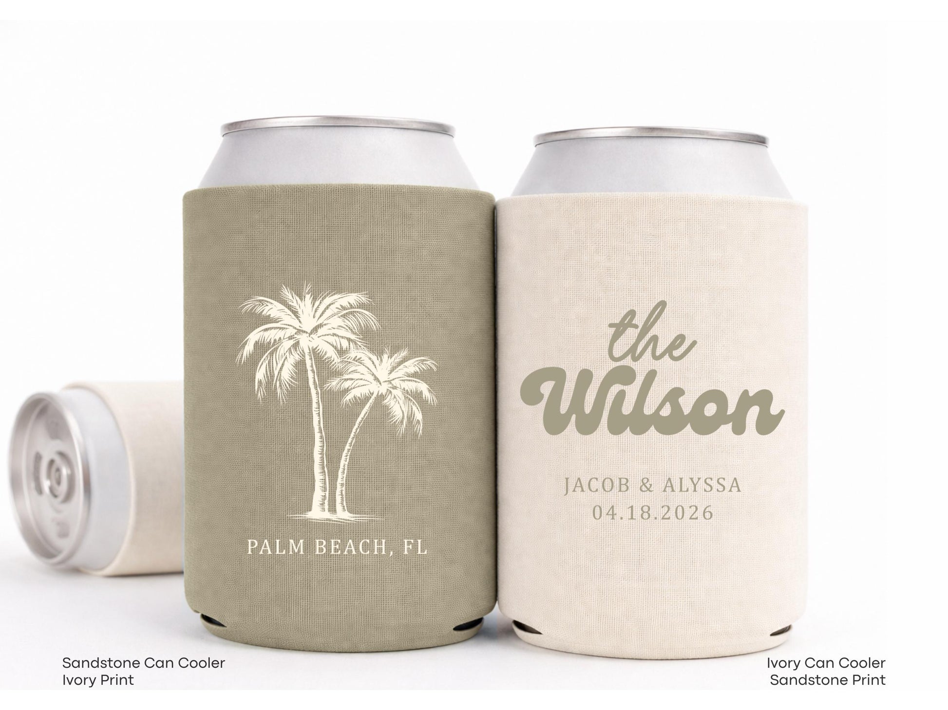 Personalized Beach Wedding Can Cooler Decor, Coastal Wedding Favor, Custom Destination Engage Party Drink Sleeve Guest Slim Can Holder