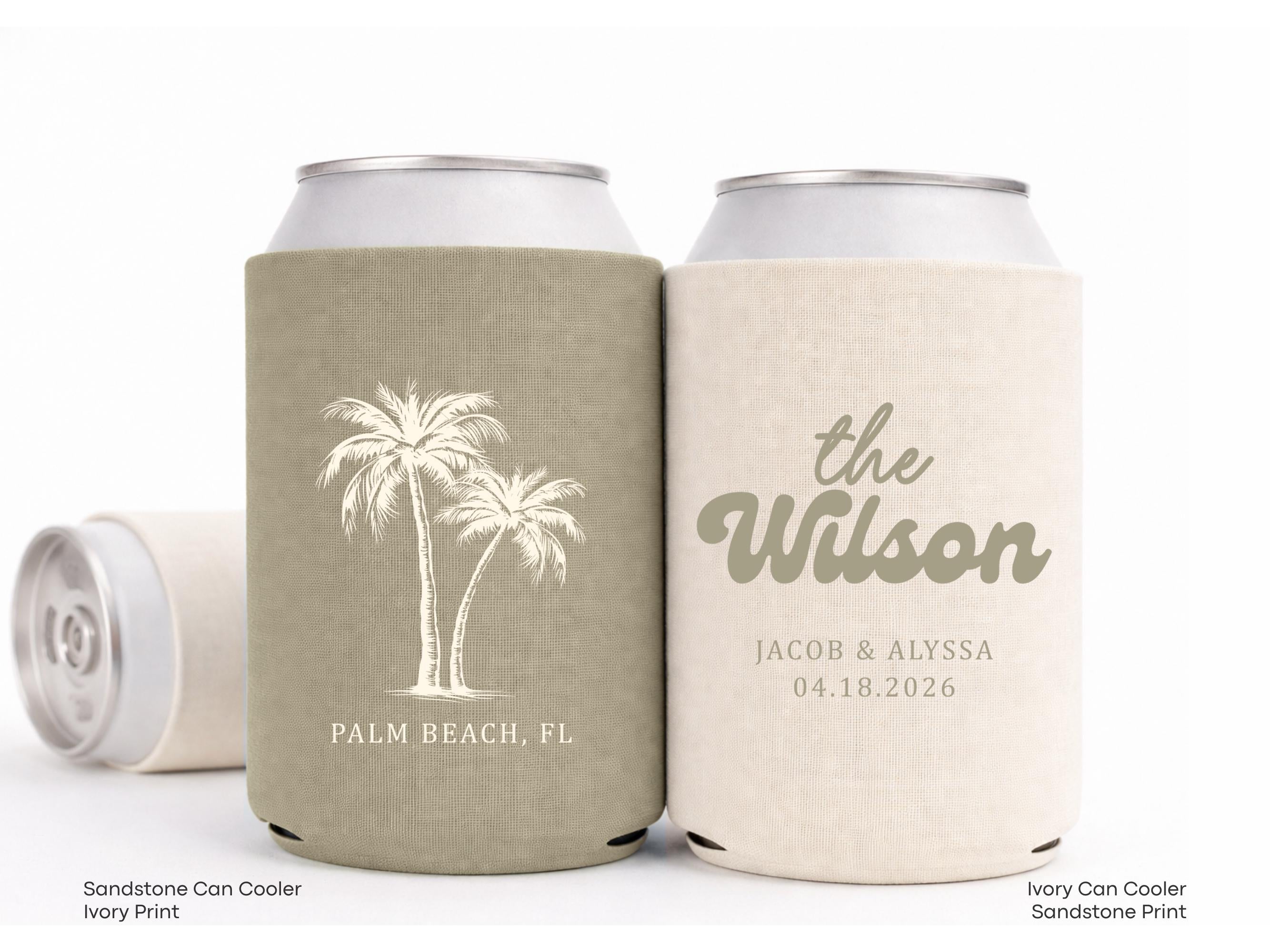 Personalized Beach Wedding Can Cooler Decor, Coastal Wedding Favor, Custom Destination Engage Party Drink Sleeve Guest Slim Can Holder
