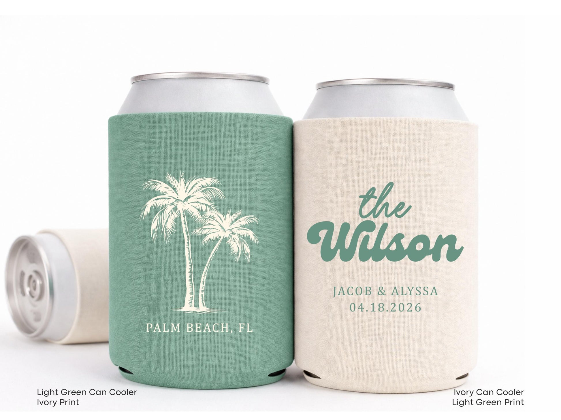 Personalized Beach Wedding Can Cooler Decor, Coastal Wedding Favor, Custom Destination Engage Party Drink Sleeve Guest Slim Can Holder