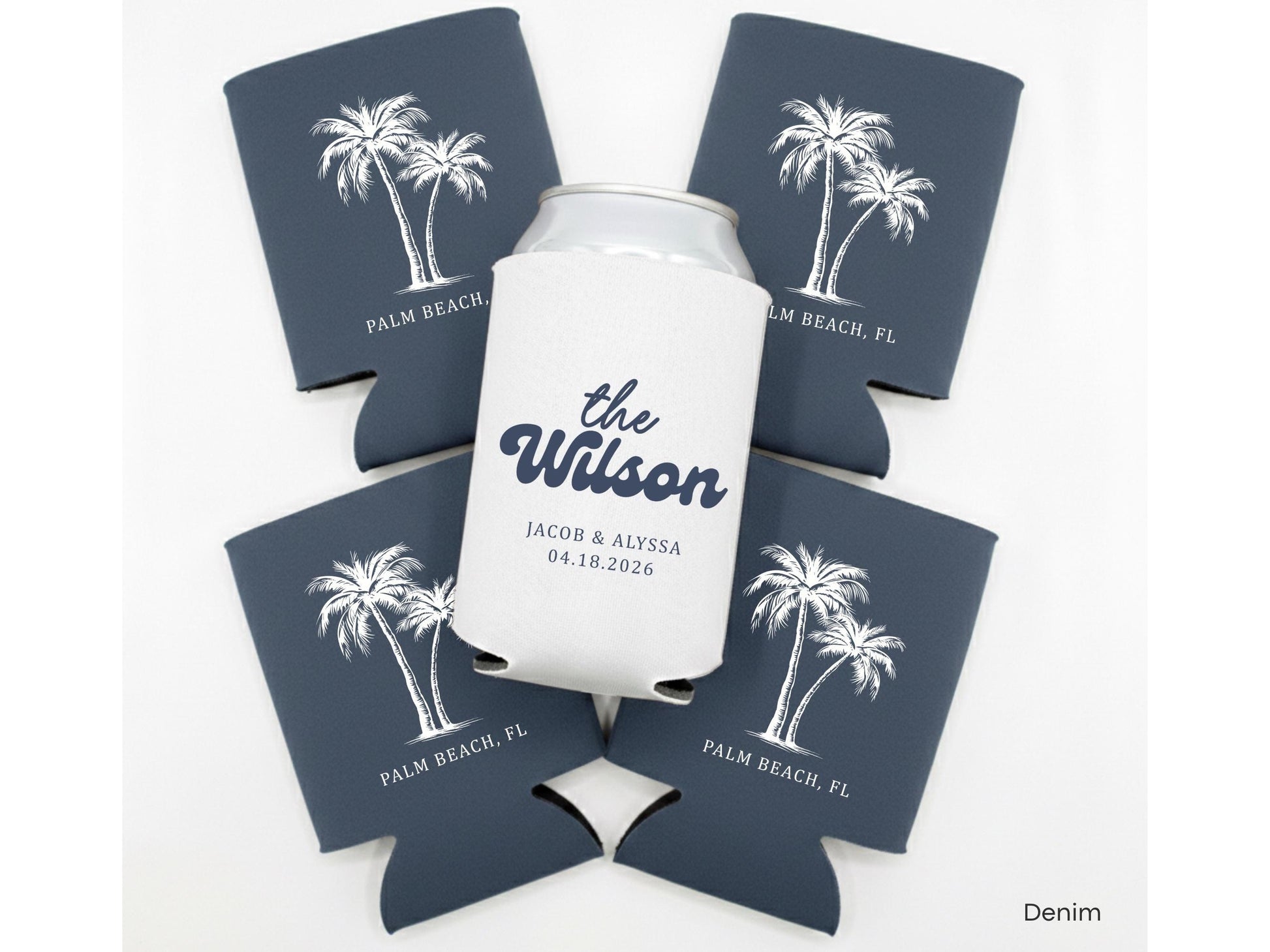 Personalized Beach Wedding Can Cooler Decor, Coastal Wedding Favor, Custom Destination Engage Party Drink Sleeve Guest Slim Can Holder