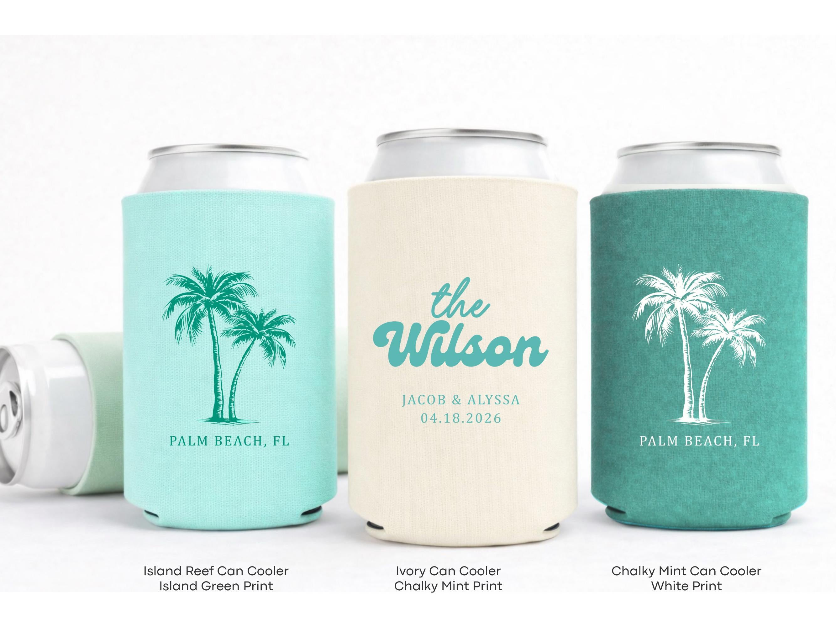 Personalized Beach Wedding Can Cooler Decor, Coastal Wedding Favor, Custom Destination Engage Party Drink Sleeve Guest Slim Can Holder