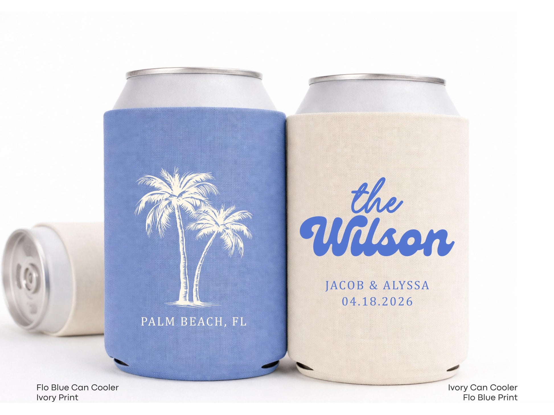 Personalized Beach Wedding Can Cooler Decor, Coastal Wedding Favor, Custom Destination Engage Party Drink Sleeve Guest Slim Can Holder
