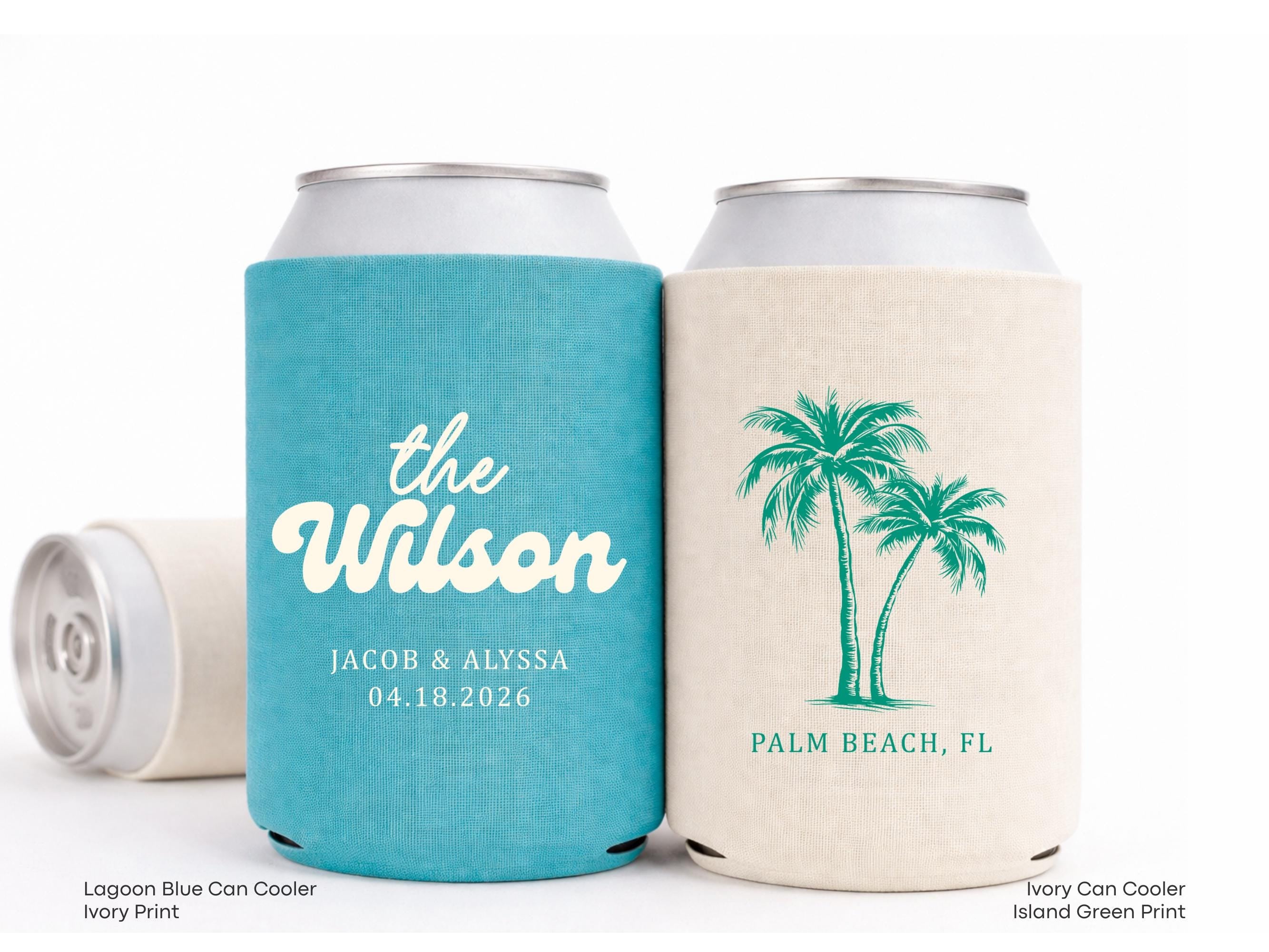Personalized Beach Wedding Can Cooler Decor, Coastal Wedding Favor, Custom Destination Engage Party Drink Sleeve Guest Slim Can Holder