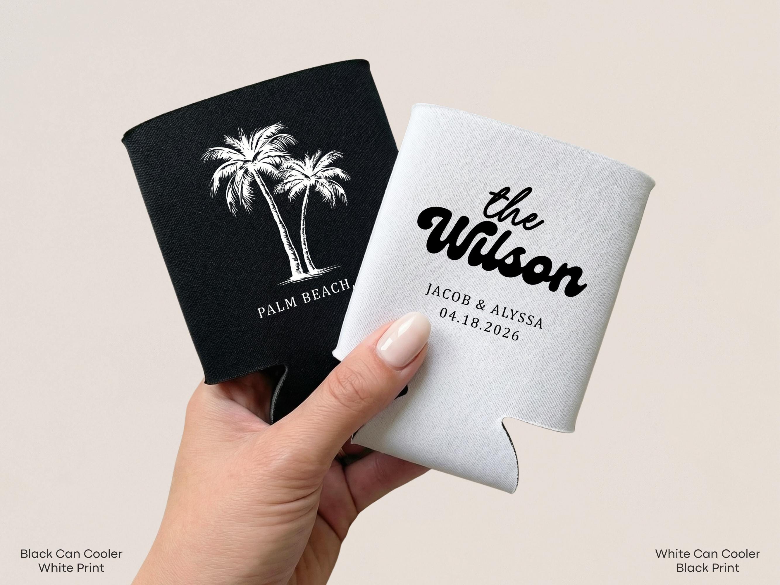 Personalized Beach Wedding Can Cooler Decor, Coastal Wedding Favor, Custom Destination Engage Party Drink Sleeve Guest Slim Can Holder