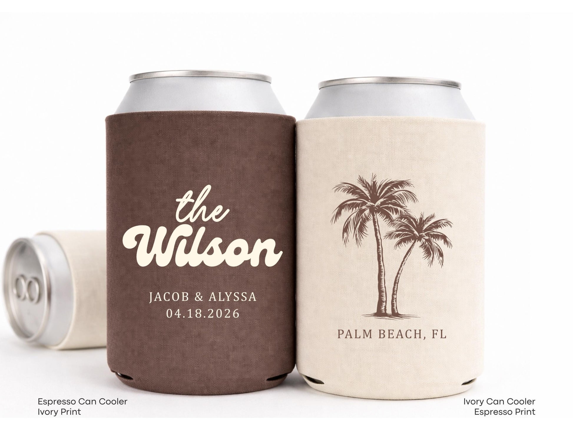Personalized Beach Wedding Can Cooler Decor, Coastal Wedding Favor, Custom Destination Engage Party Drink Sleeve Guest Slim Can Holder