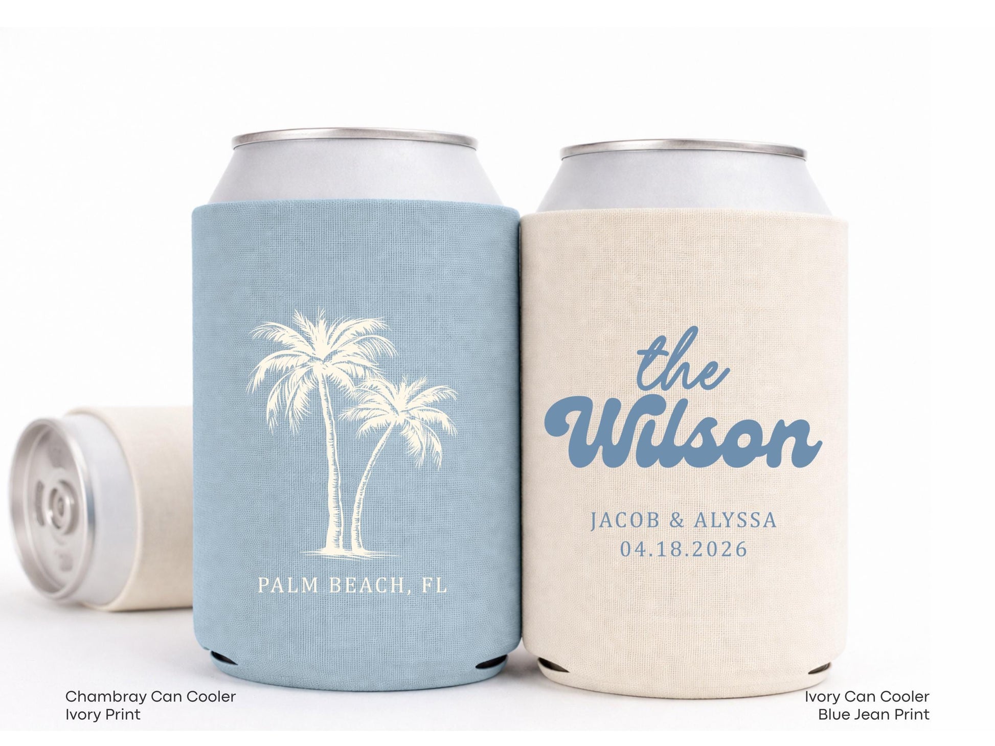 Personalized Beach Wedding Can Cooler Decor, Coastal Wedding Favor, Custom Destination Engage Party Drink Sleeve Guest Slim Can Holder