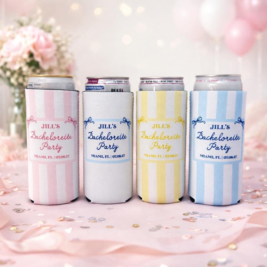 Personalized Beach Bachelorette Can Cooler – Coastal Bridal Party Favor – Custom Drink Holder - STRIPES