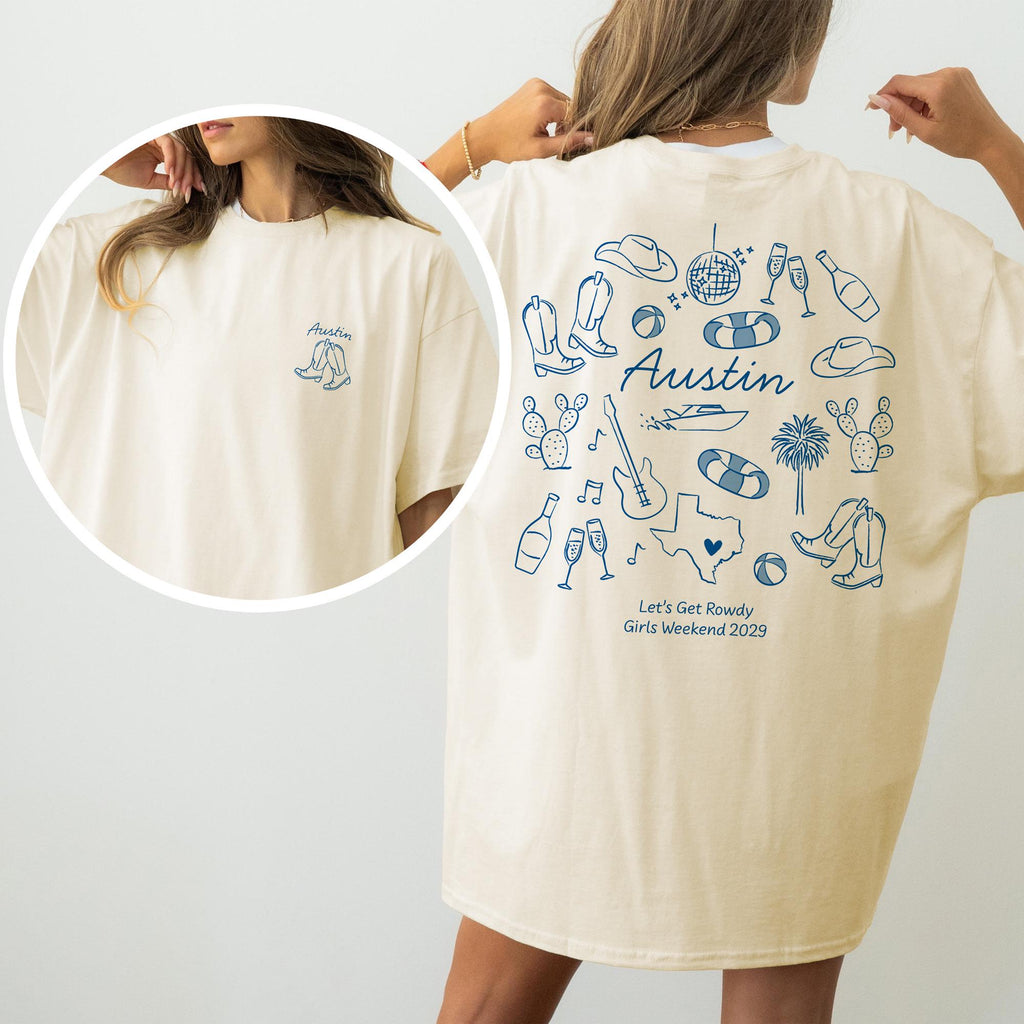 Austin Bachelorette Doodle Icons Unisex Comfort Colors® T-Shirt, Girls Trip Tee, Two-Sided Design