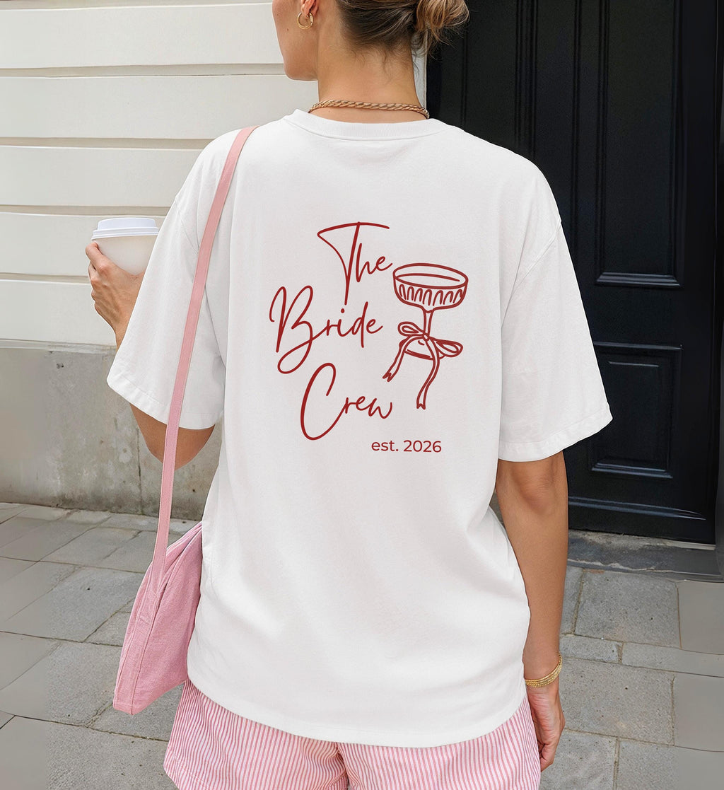 Personalized Hen Party Shirt Bachelorette T Shirt Back Print Coquette Bow Champagne Glass Hand Drawn Bride Crew Custom Name Any Year Custom