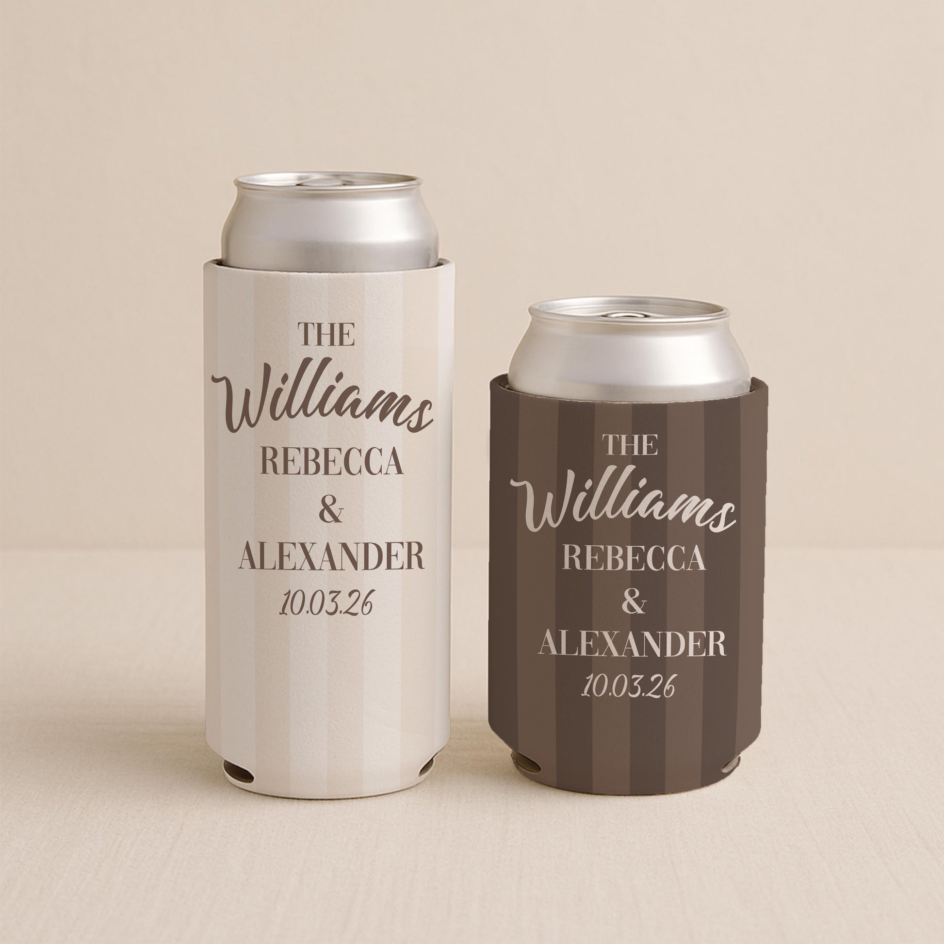 Personalized Wedding Can Cooler, Striped Design, Custom Wedding Favor