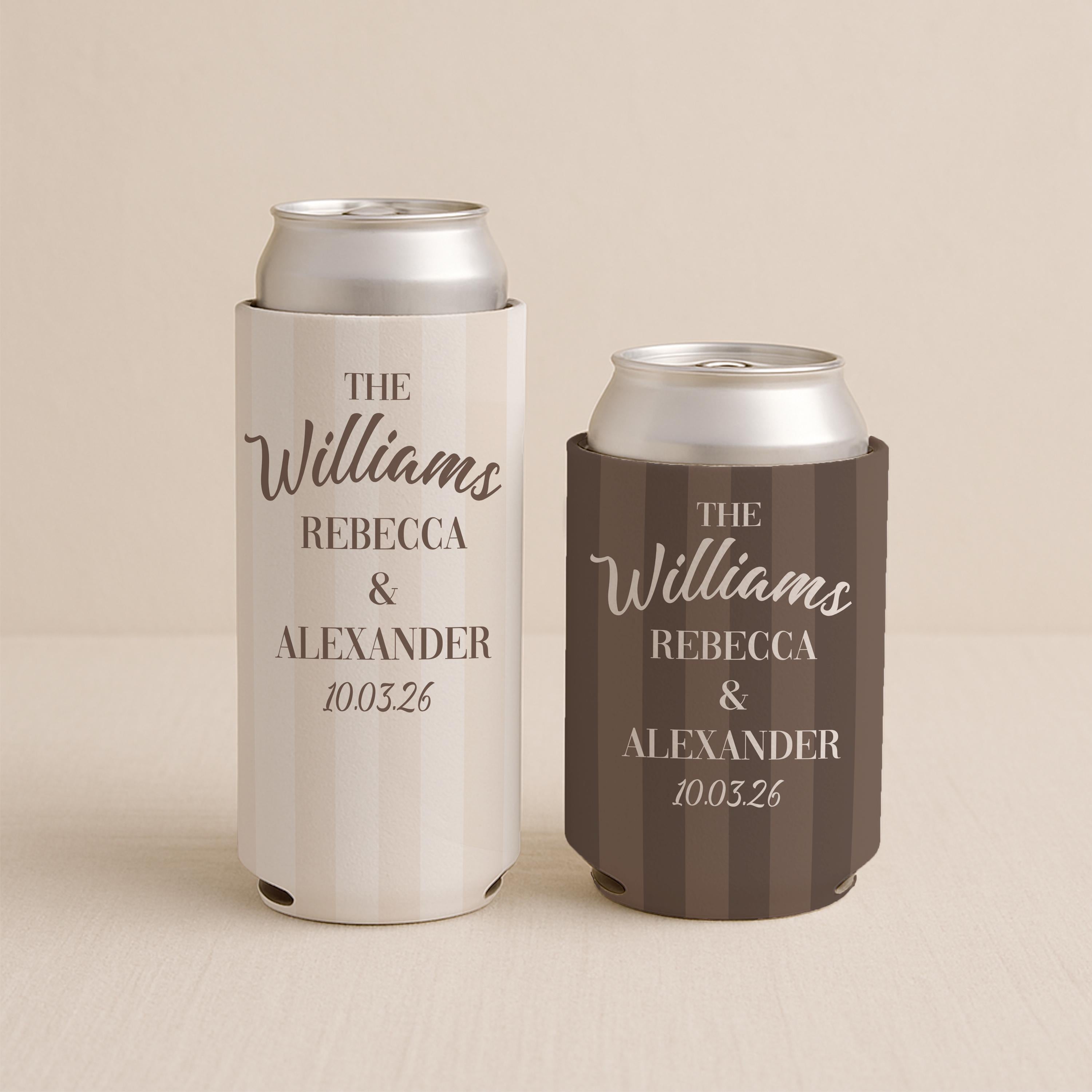 Personalized Wedding Can Cooler, Striped Design, Custom Wedding Favor