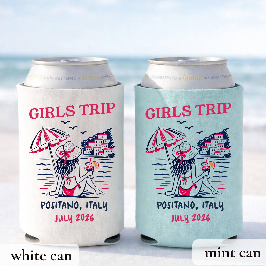 Girls Trip Beach Bachelorette Can Coolers, Personalized Coastal Skinny Can Cooler Sleeves, Girls Weekend Party Favor