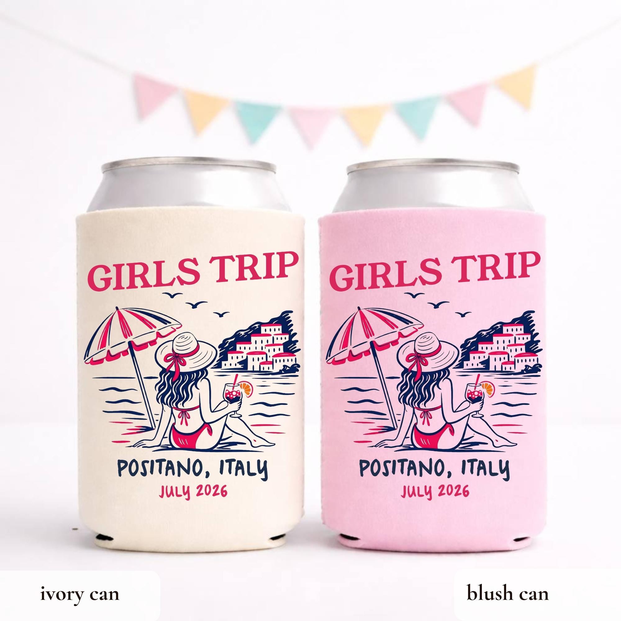 Girls Trip Beach Bachelorette Can Coolers, Personalized Coastal Skinny Can Cooler Sleeves, Girls Weekend Party Favor