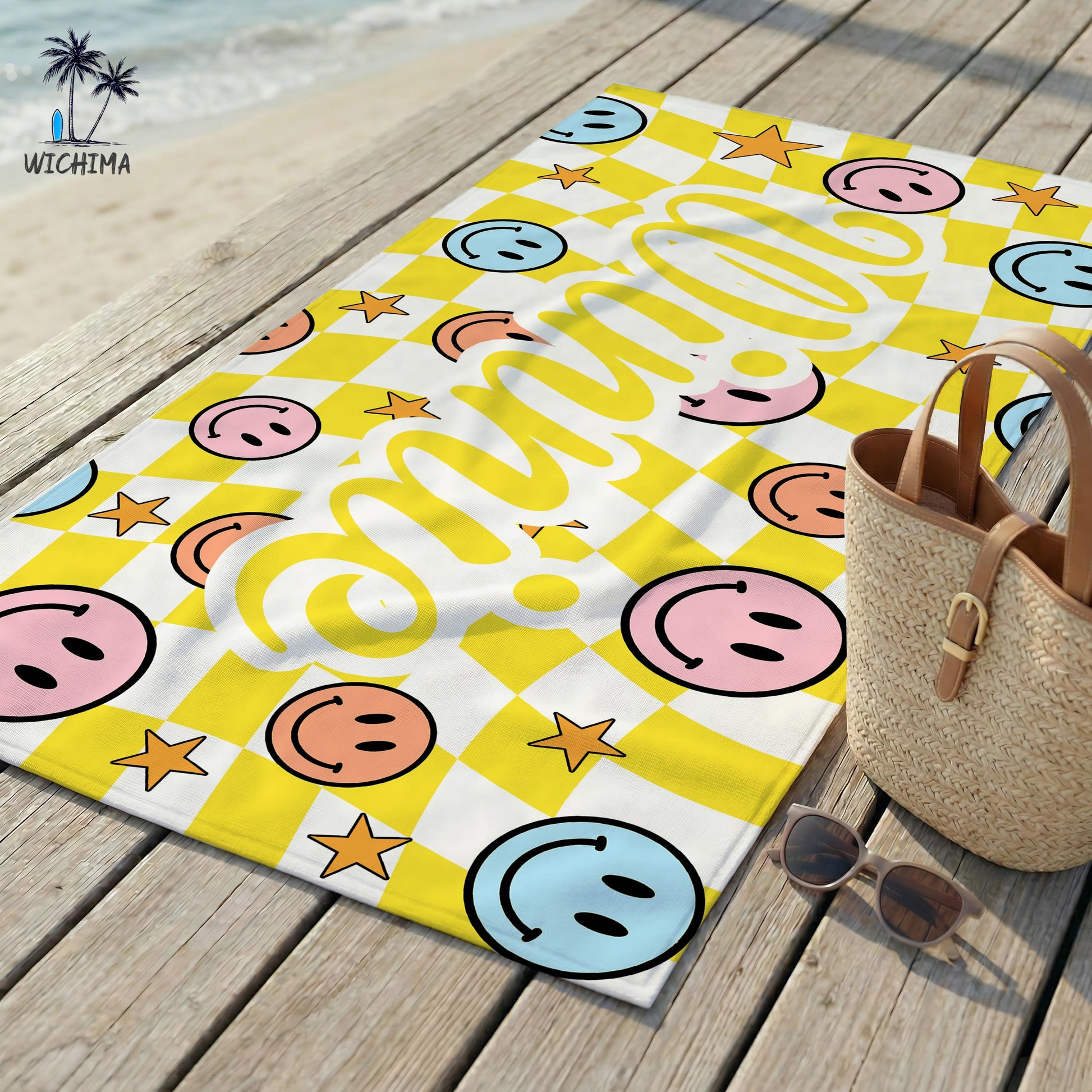 Custom Checkered Smiley Towels,Friends Towel Customization,Birthday Beach Towel with Name,Colorful Kids Gift,Kids Towels,Vacation Pool Towel