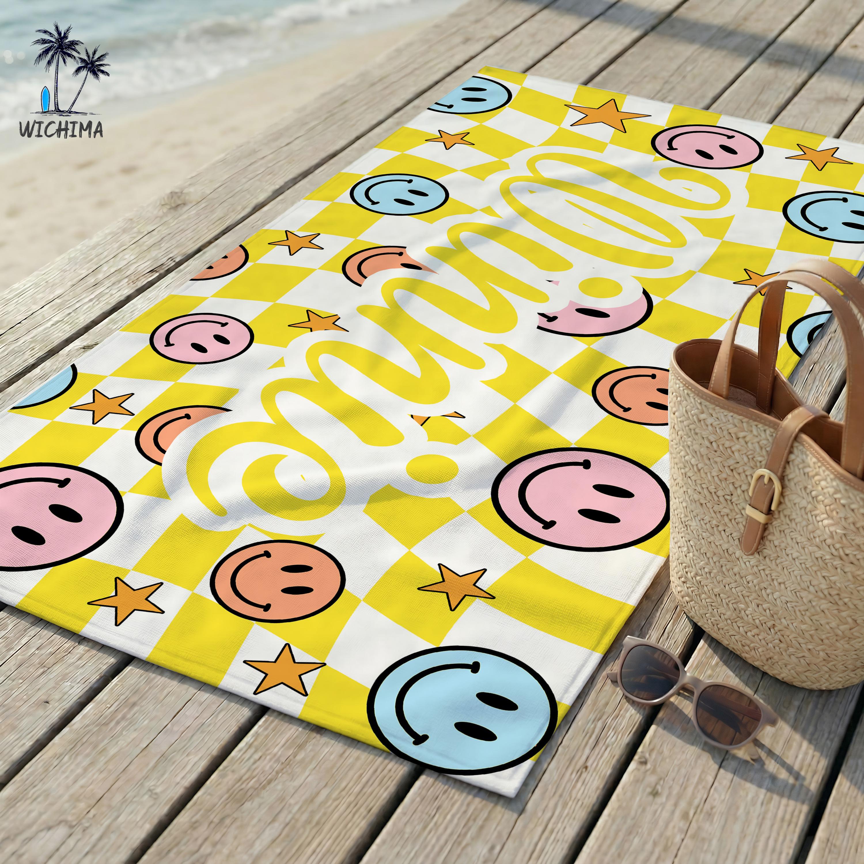 Custom Checkered Smiley Towels,Friends Towel Customization,Birthday Beach Towel with Name,Colorful Kids Gift,Kids Towels,Vacation Pool Towel
