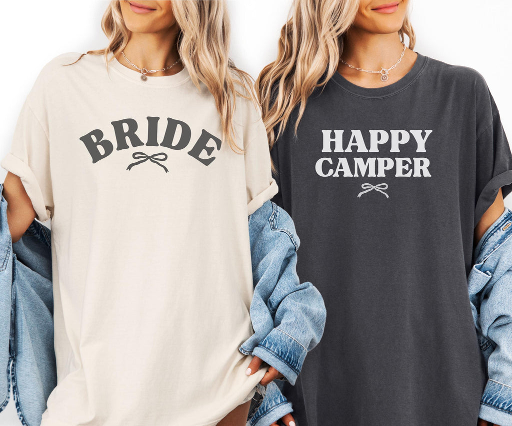 Camp Bachelorette Shirt – Bride & Happy Camper Camping Party Tees – Cabin Trip Shirts for Girls Weekend
