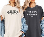 Camp Bachelorette Shirt – Bride & Happy Camper Camping Party Tees – Cabin Trip Shirts for Girls Weekend