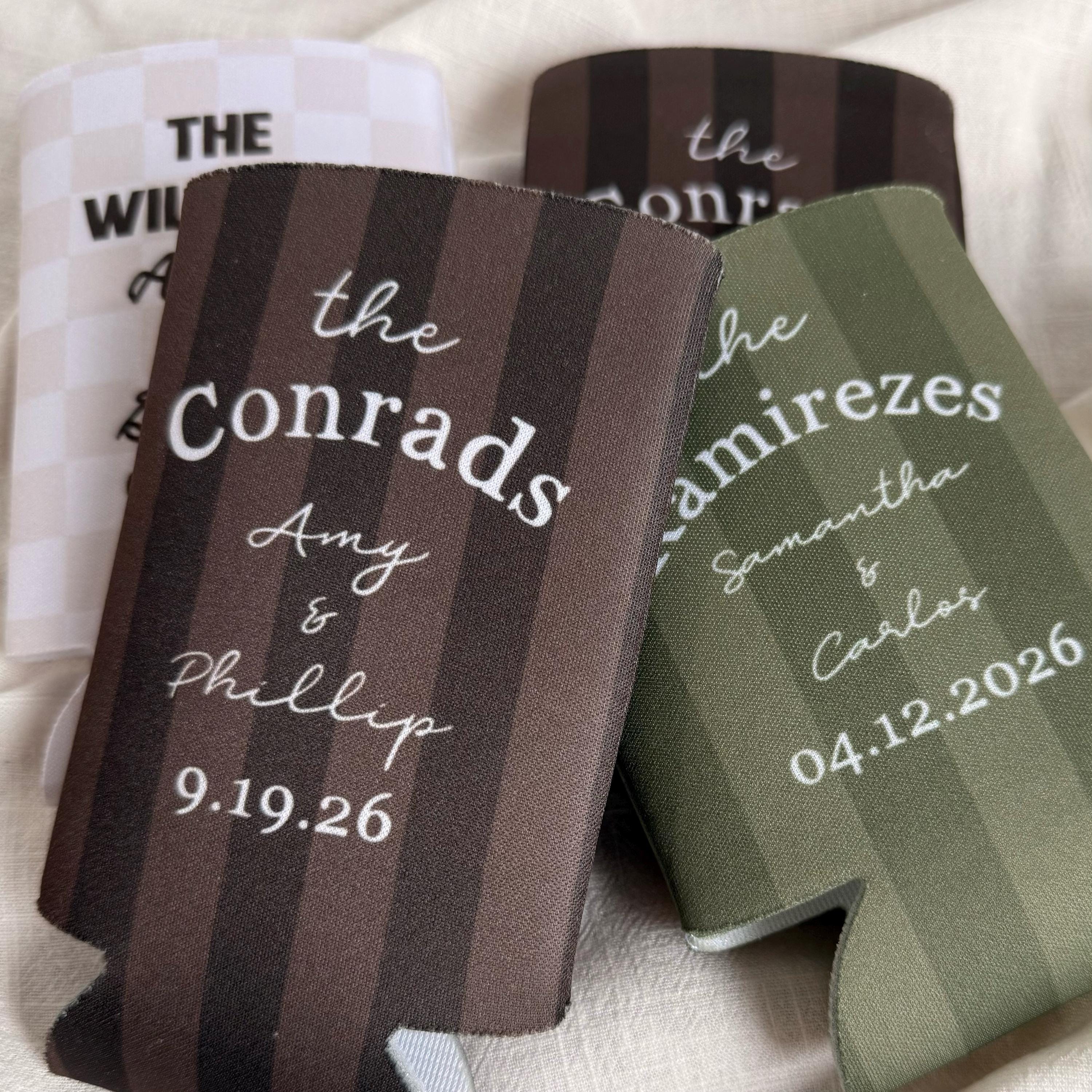 Personalized Wedding Can Cooler, Striped Design, Custom Wedding Favor