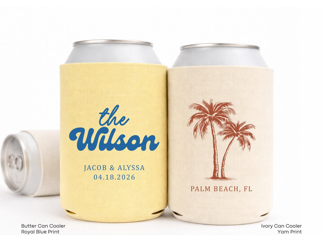 Personalized Beach Wedding Can Cooler Decor, Coastal Wedding Favor, Custom Destination Engage Party Drink Sleeve Guest Slim Can Holder