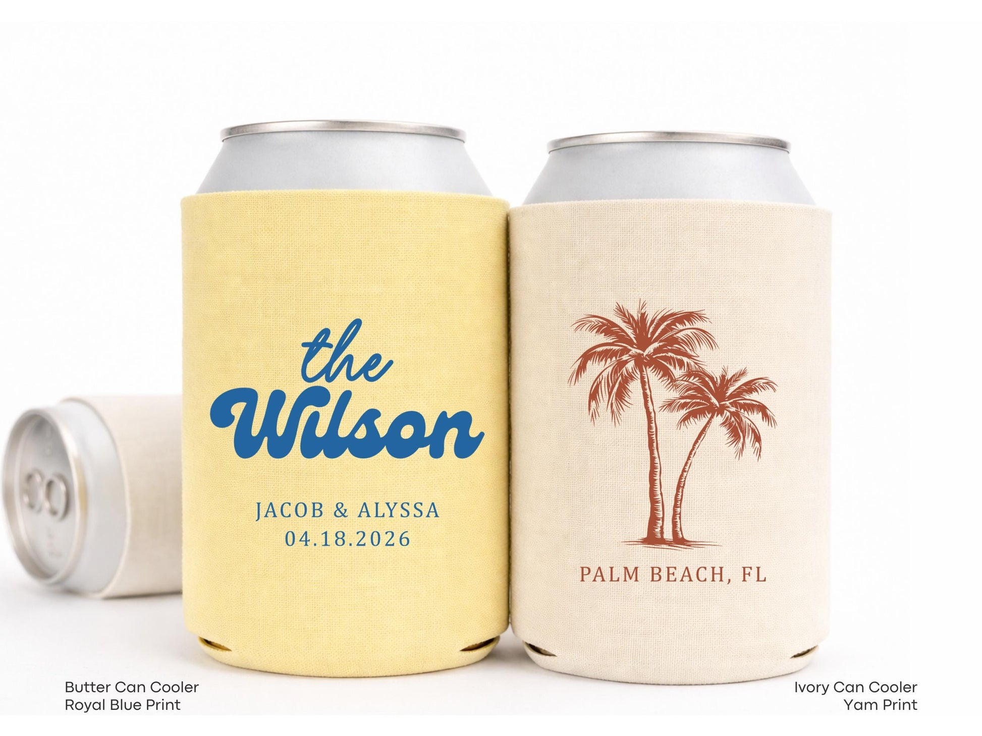 Personalized Beach Wedding Can Cooler Decor, Coastal Wedding Favor, Custom Destination Engage Party Drink Sleeve Guest Slim Can Holder