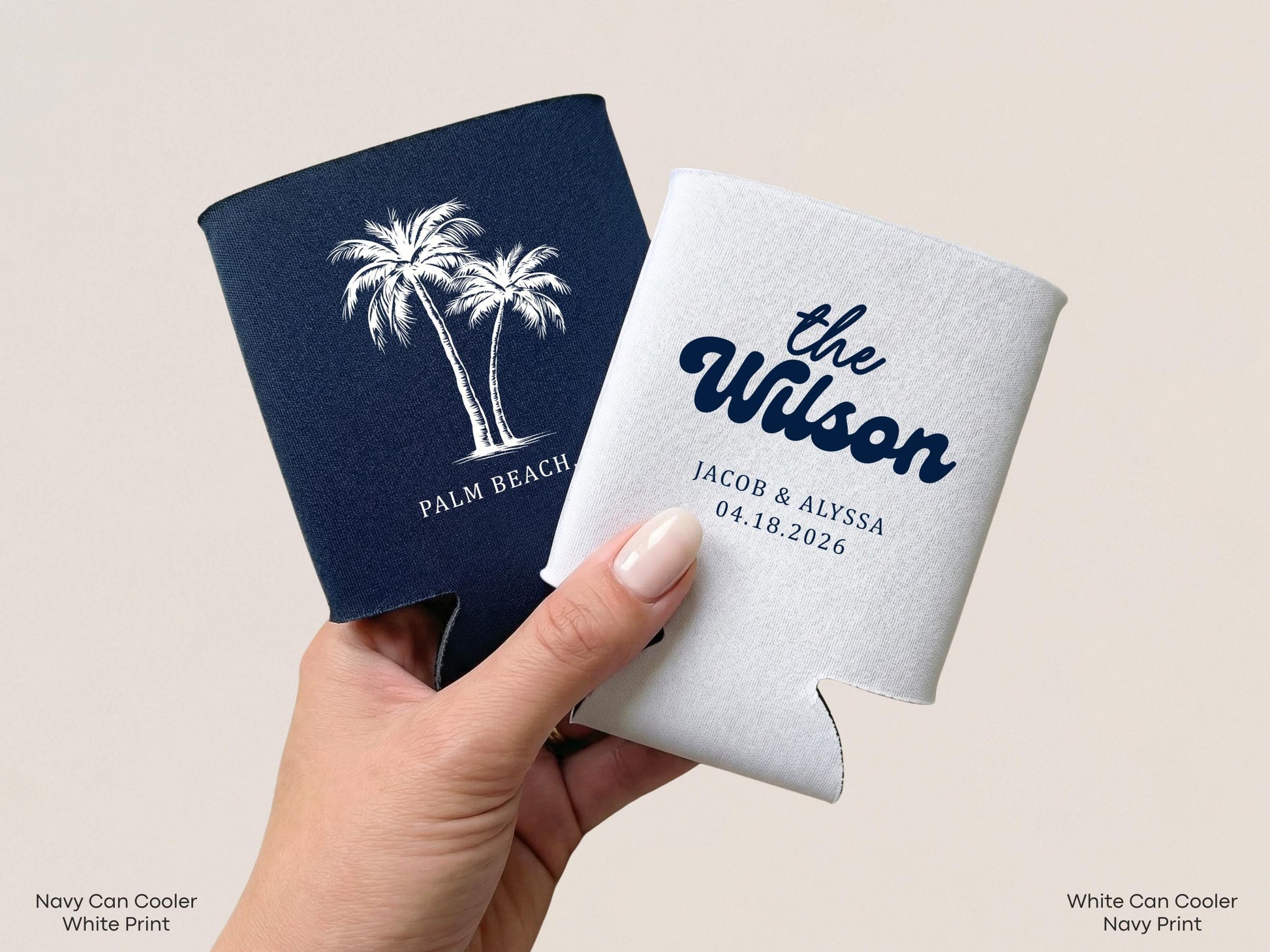 Personalized Beach Wedding Can Cooler Decor, Coastal Wedding Favor, Custom Destination Engage Party Drink Sleeve Guest Slim Can Holder