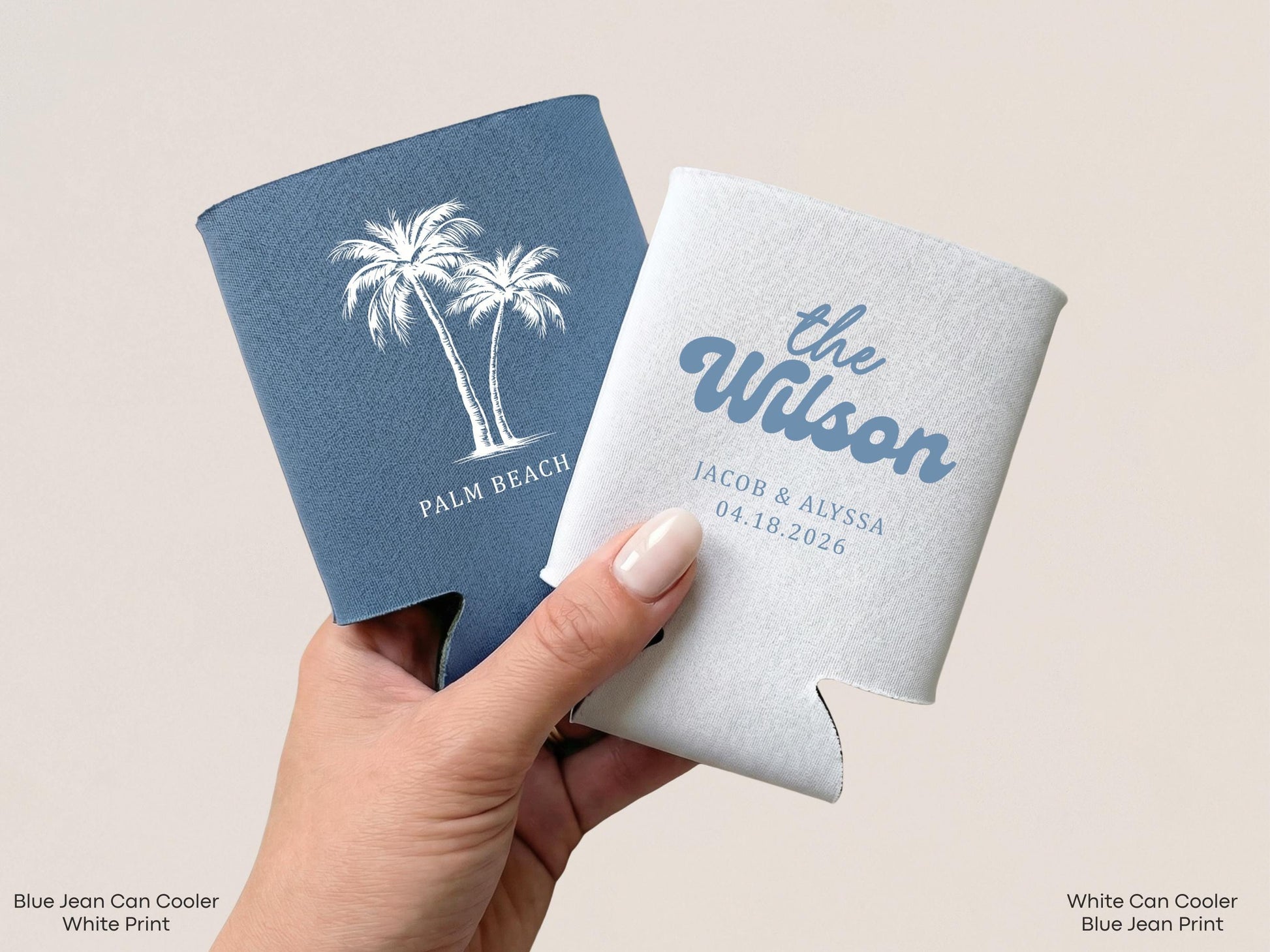 Personalized Beach Wedding Can Cooler Decor, Coastal Wedding Favor, Custom Destination Engage Party Drink Sleeve Guest Slim Can Holder