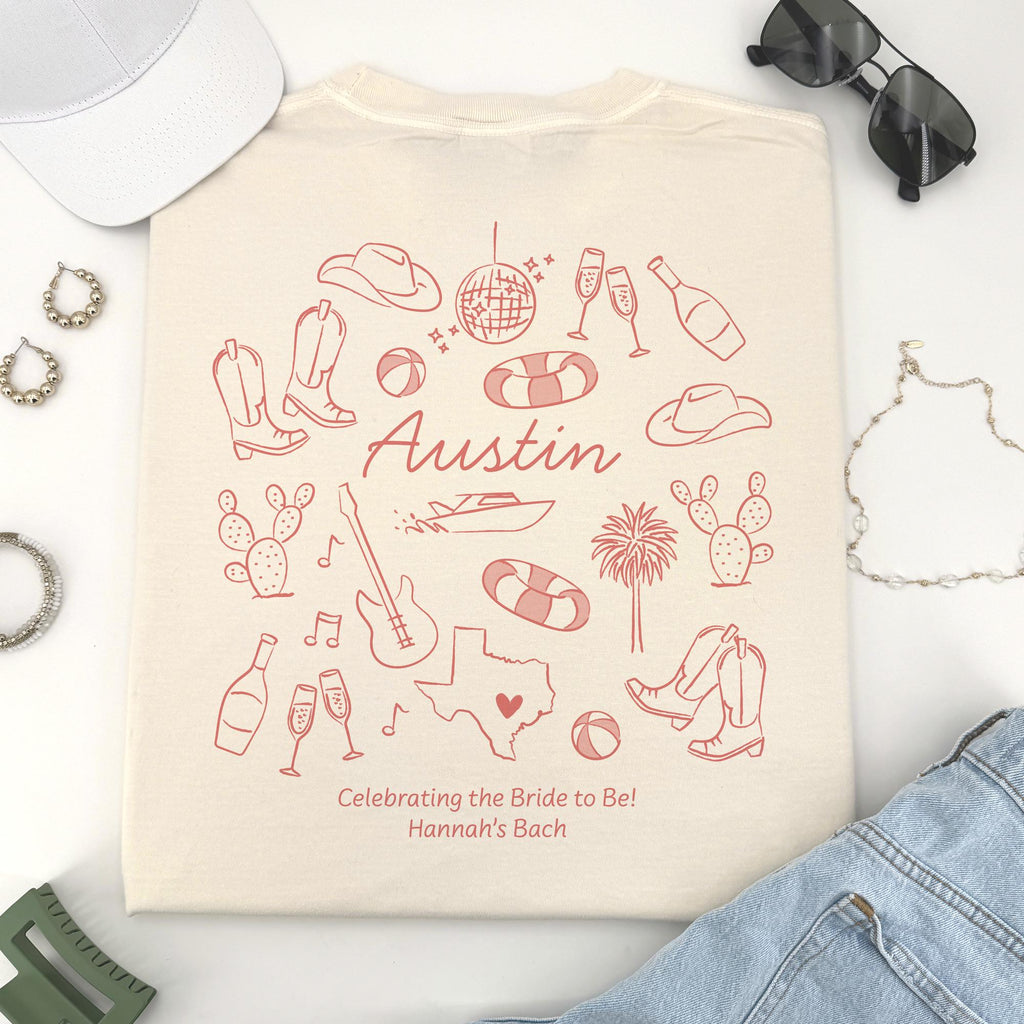 Austin Bachelorette Doodle Icons Unisex Comfort Colors® T-Shirt, Girls Trip Tee, Two-Sided Design
