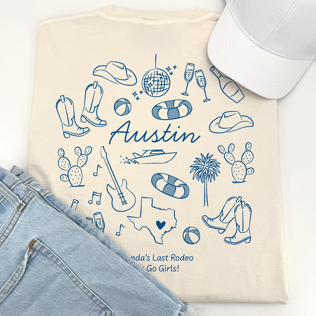 Austin Bachelorette Doodle Icons Unisex Comfort Colors® T-Shirt, Girls Trip Tee, Two-Sided Design