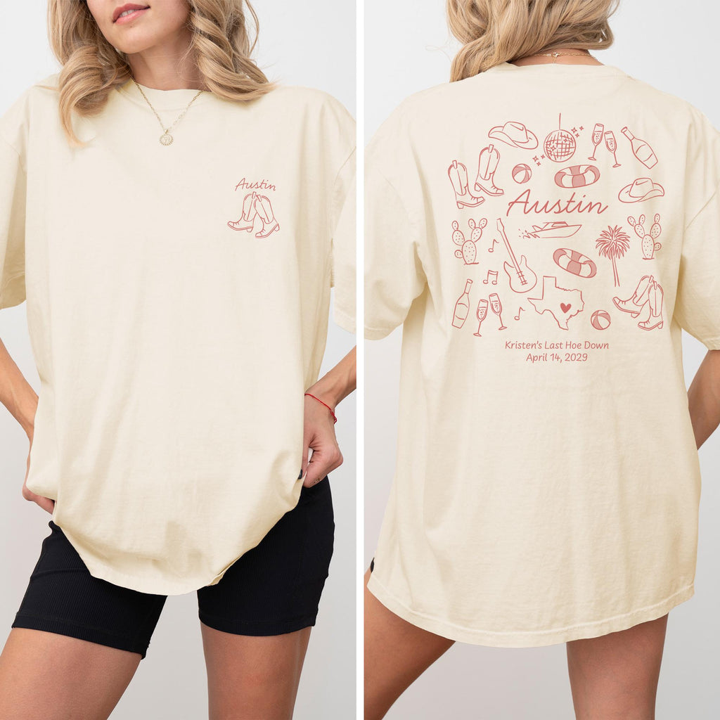 Austin Bachelorette Doodle Icons Unisex Comfort Colors® T-Shirt, Girls Trip Tee, Two-Sided Design