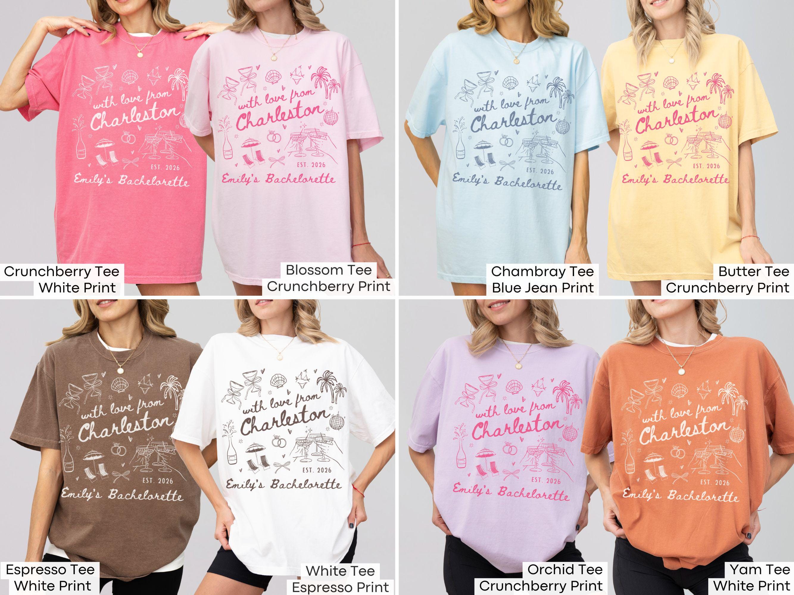 With Love From Charleston Bachelorette Shirt, Custom Location Beach Bridal Party Matching T-Shirt, Tropical Girls Weekend Trip Tops
