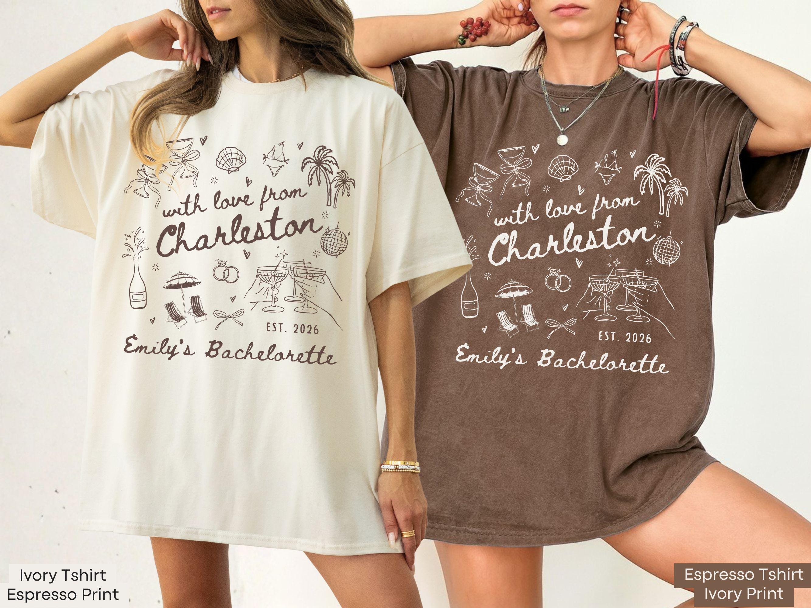 With Love From Charleston Bachelorette Shirt, Custom Location Beach Bridal Party Matching T-Shirt, Tropical Girls Weekend Trip Tops