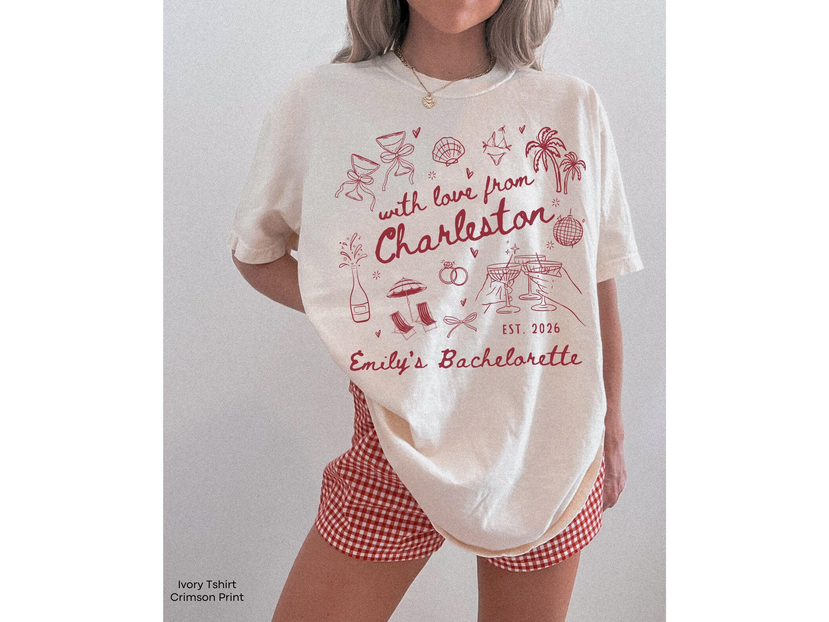 With Love From Charleston Bachelorette Shirt, Custom Location Beach Bridal Party Matching T-Shirt, Tropical Girls Weekend Trip Tops