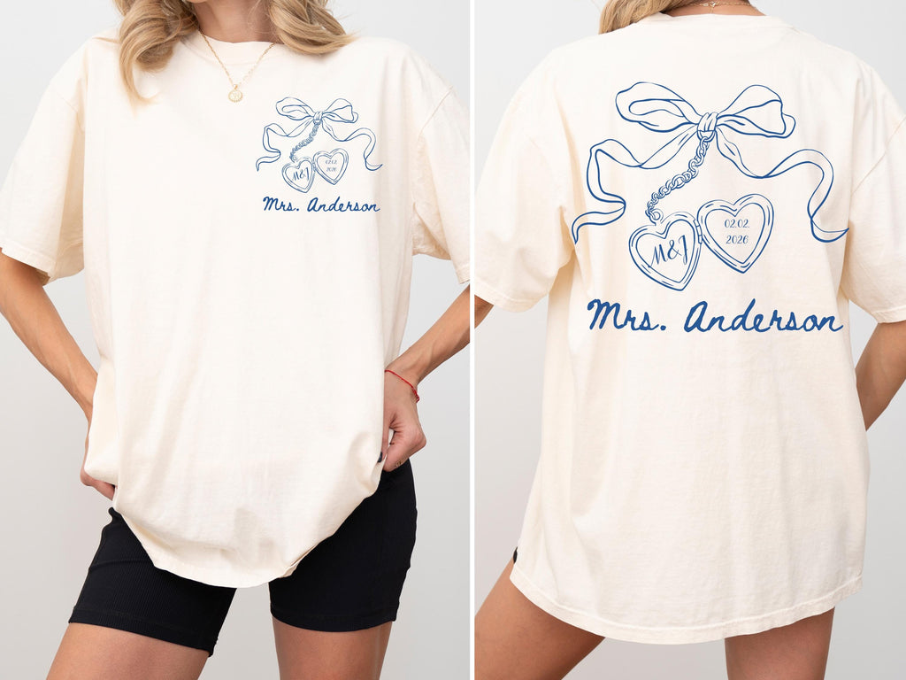 Bow Bachelorette Shirt, Coquette Bridal Party Tee, Heart Locket Bride T-Shirt, Future Mrs Shirt, Minimalist Bridesmaid Gift
