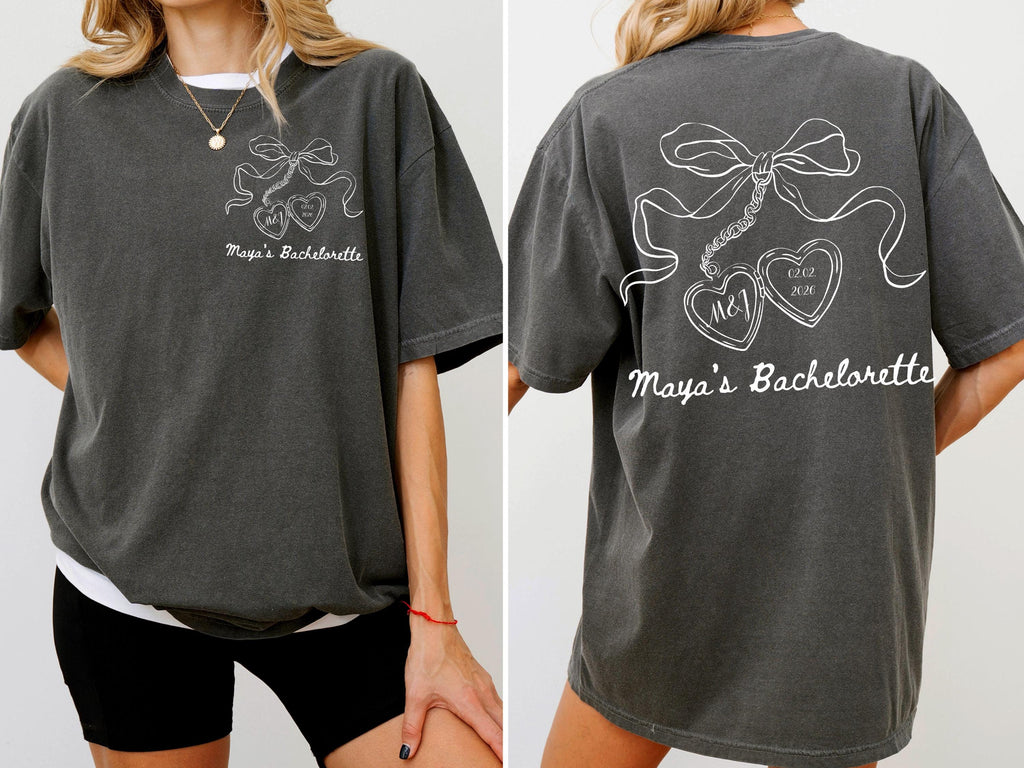 Bow Bachelorette Shirt, Coquette Bridal Party Tee, Heart Locket Bride T-Shirt, Future Mrs Shirt, Minimalist Bridesmaid Gift