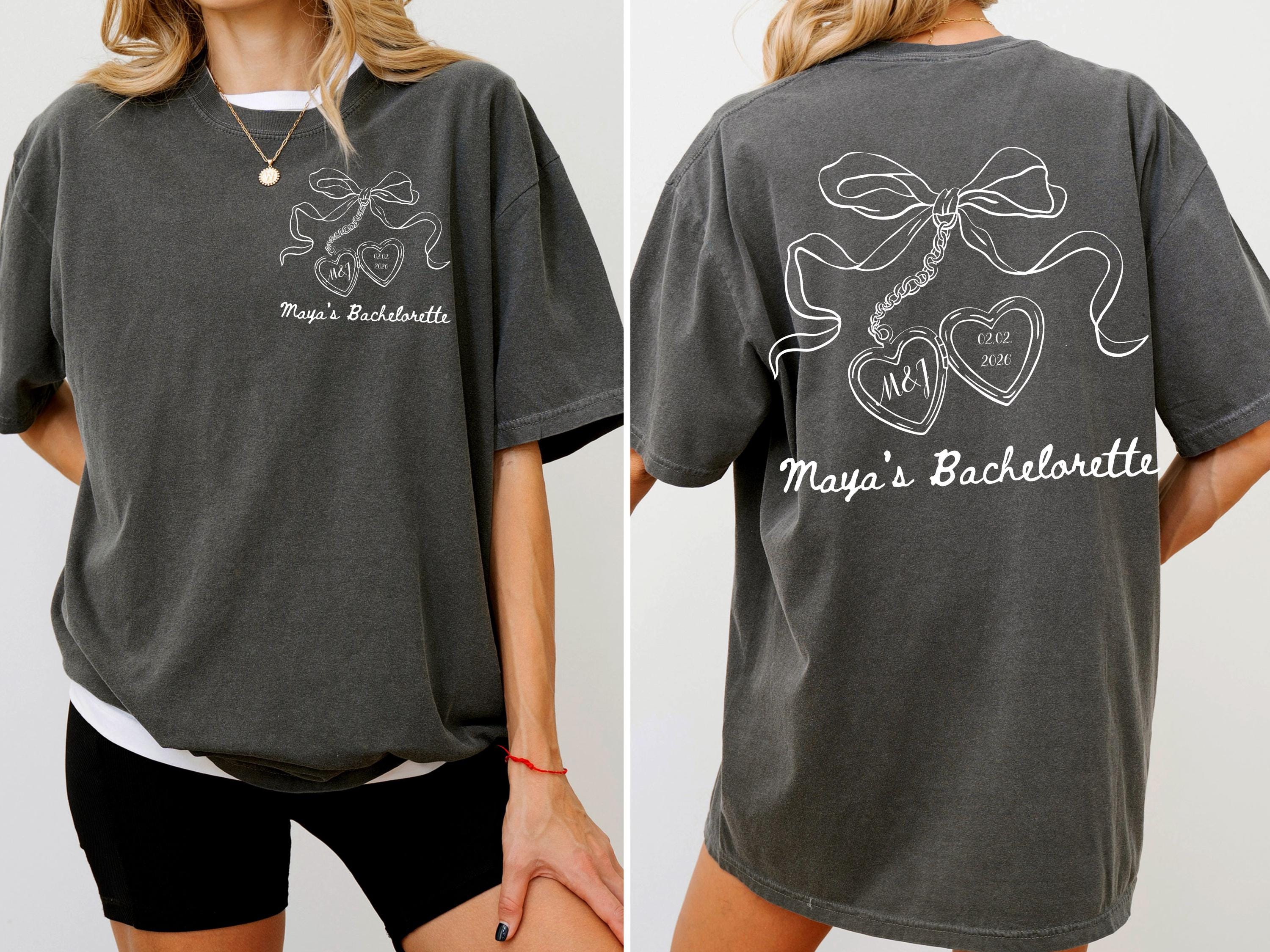 Bow Bachelorette Shirt, Coquette Bridal Party Tee, Heart Locket Bride T-Shirt, Future Mrs Shirt, Minimalist Bridesmaid Gift