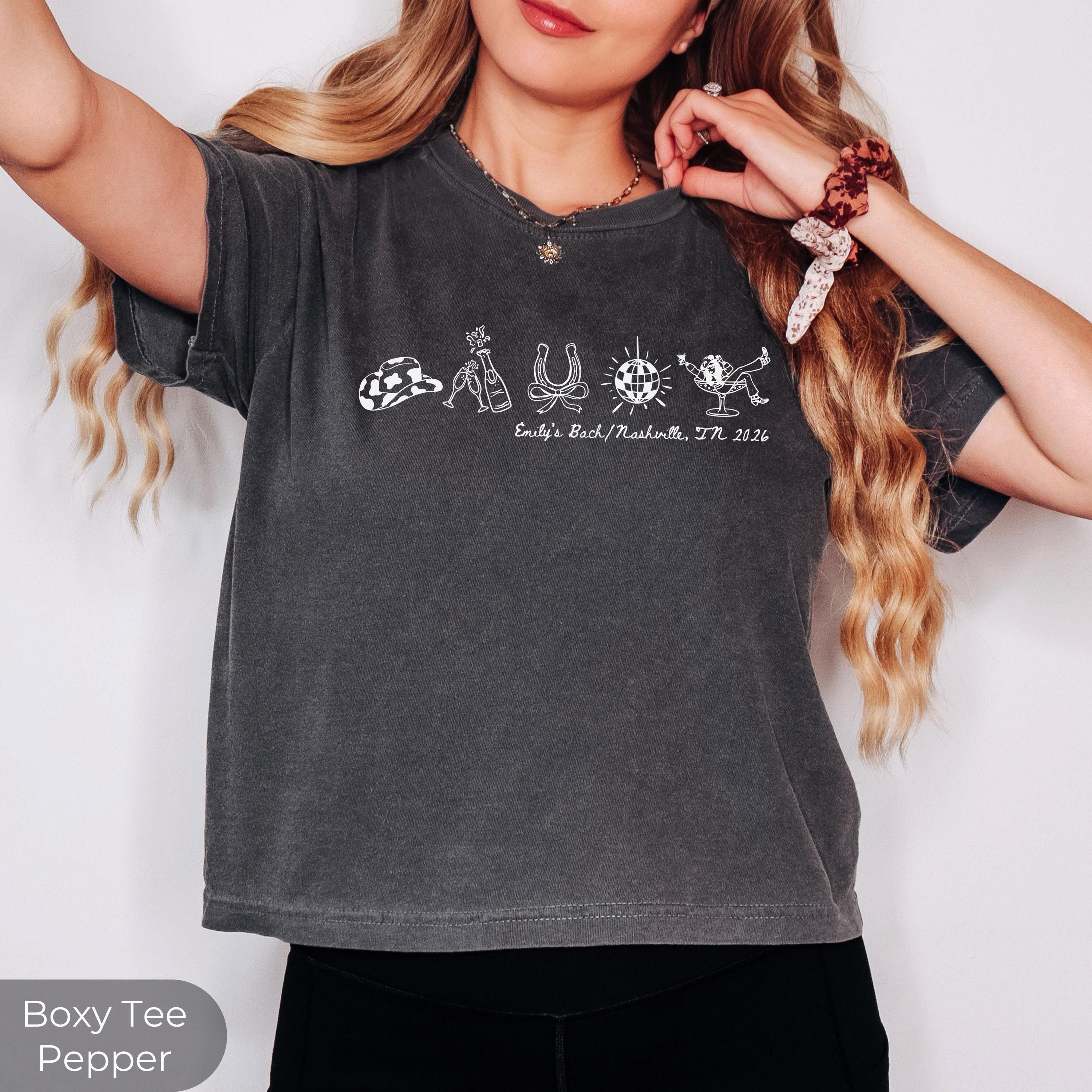 Nashville Bachelorette Shirts, Cowgirl Bride Nashville Bach Party Tshirt, Custom Matching Bachelorette Tee, Western Lets Go Girls Boxy Tees