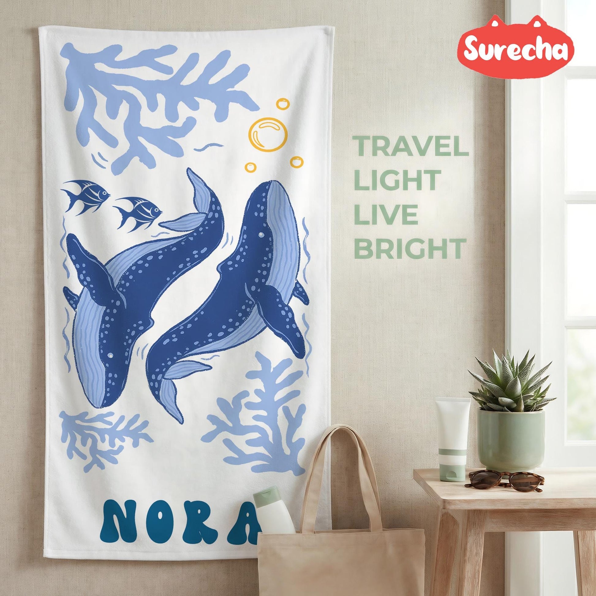 Custom Seahorse Towel with Name, Personalized Trip Towels, Customizable Beach Towels, Kids Travel Gifts,Pool Whale Towel,Marine Life Towel