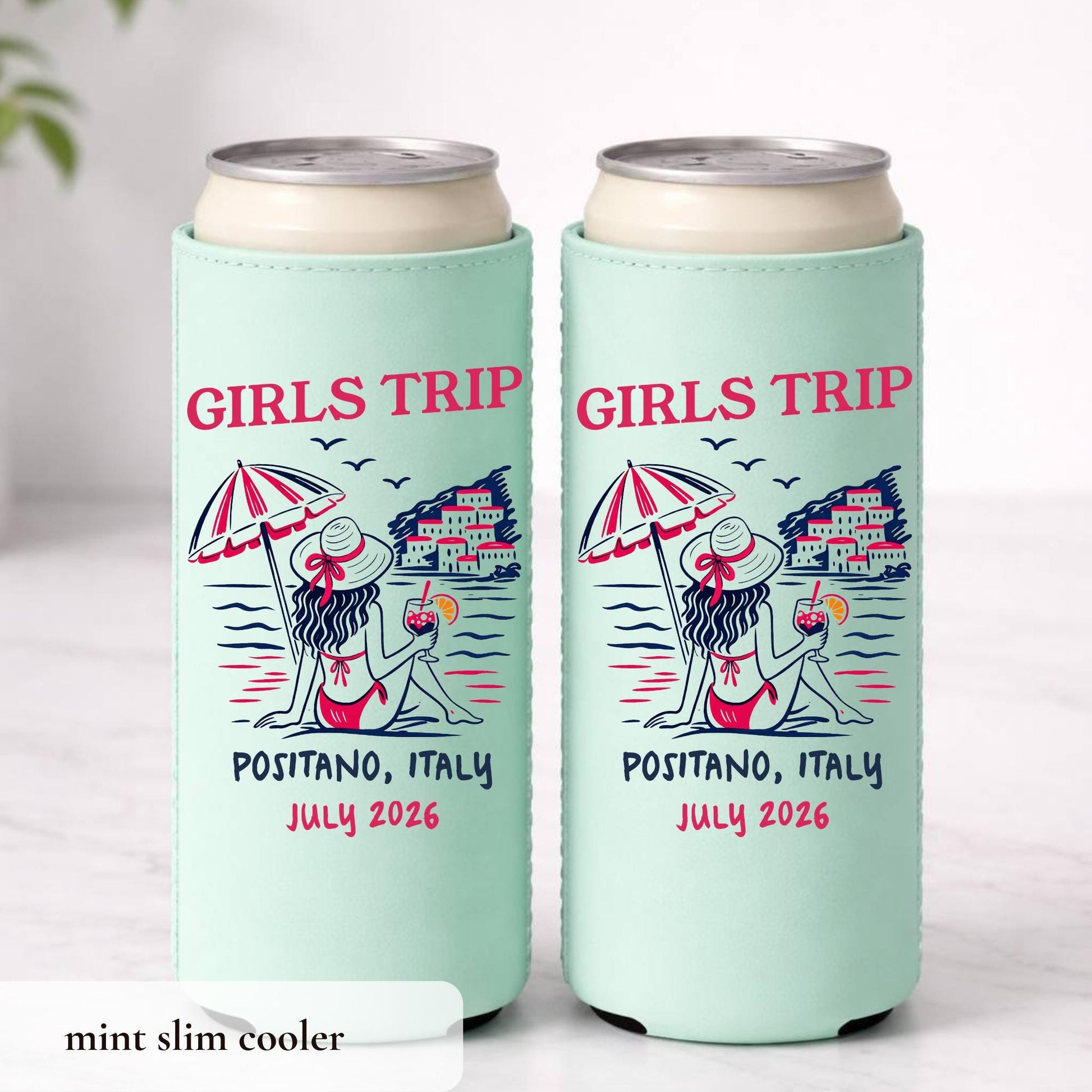 Girls Trip Beach Bachelorette Can Coolers, Personalized Coastal Skinny Can Cooler Sleeves, Girls Weekend Party Favor