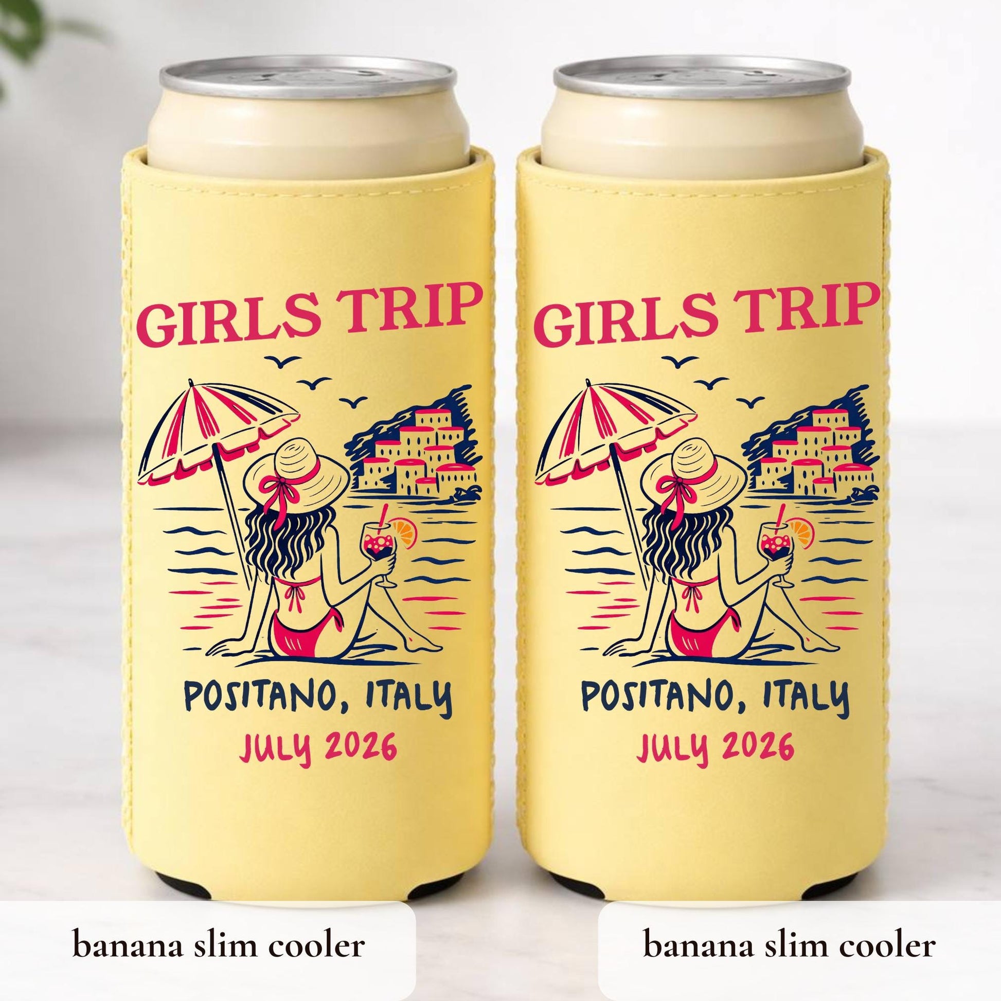 Girls Trip Beach Bachelorette Can Coolers, Personalized Coastal Skinny Can Cooler Sleeves, Girls Weekend Party Favor